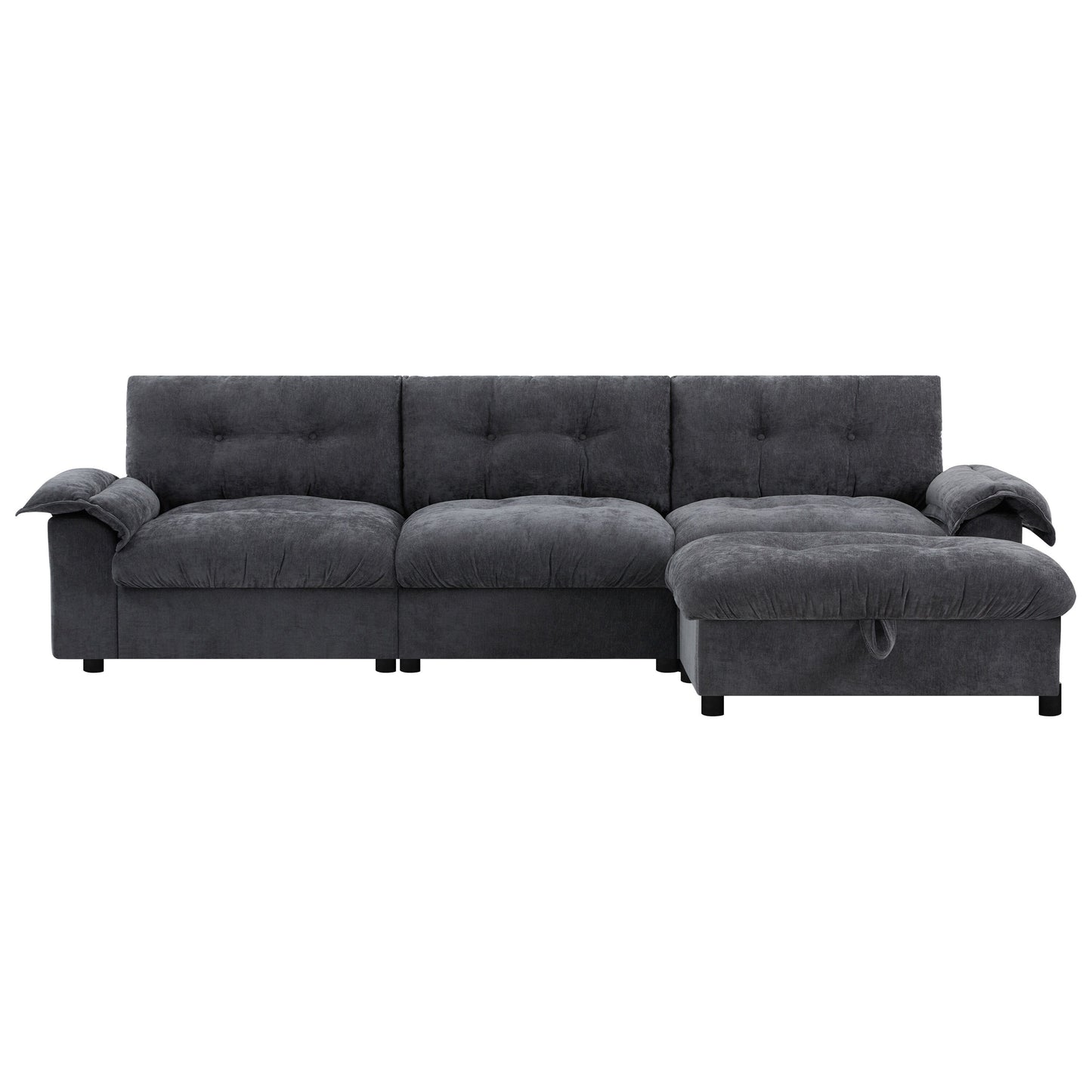 Canapé sectionnel en L avec accoudoirs multifonctionnels, chargeur double port, porte-gobelet, poches de rangement latérales, coussin moelleux