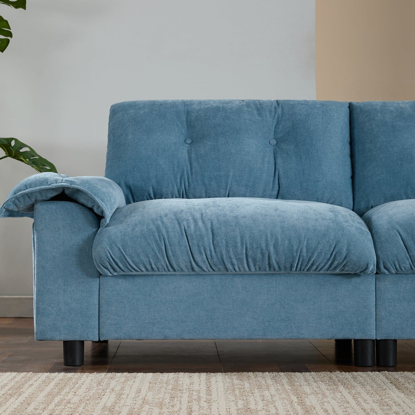 Canapé sectionnel en L avec accoudoirs multifonctionnels, chargeur double port, porte-gobelet, poches de rangement latérales, coussin moelleux