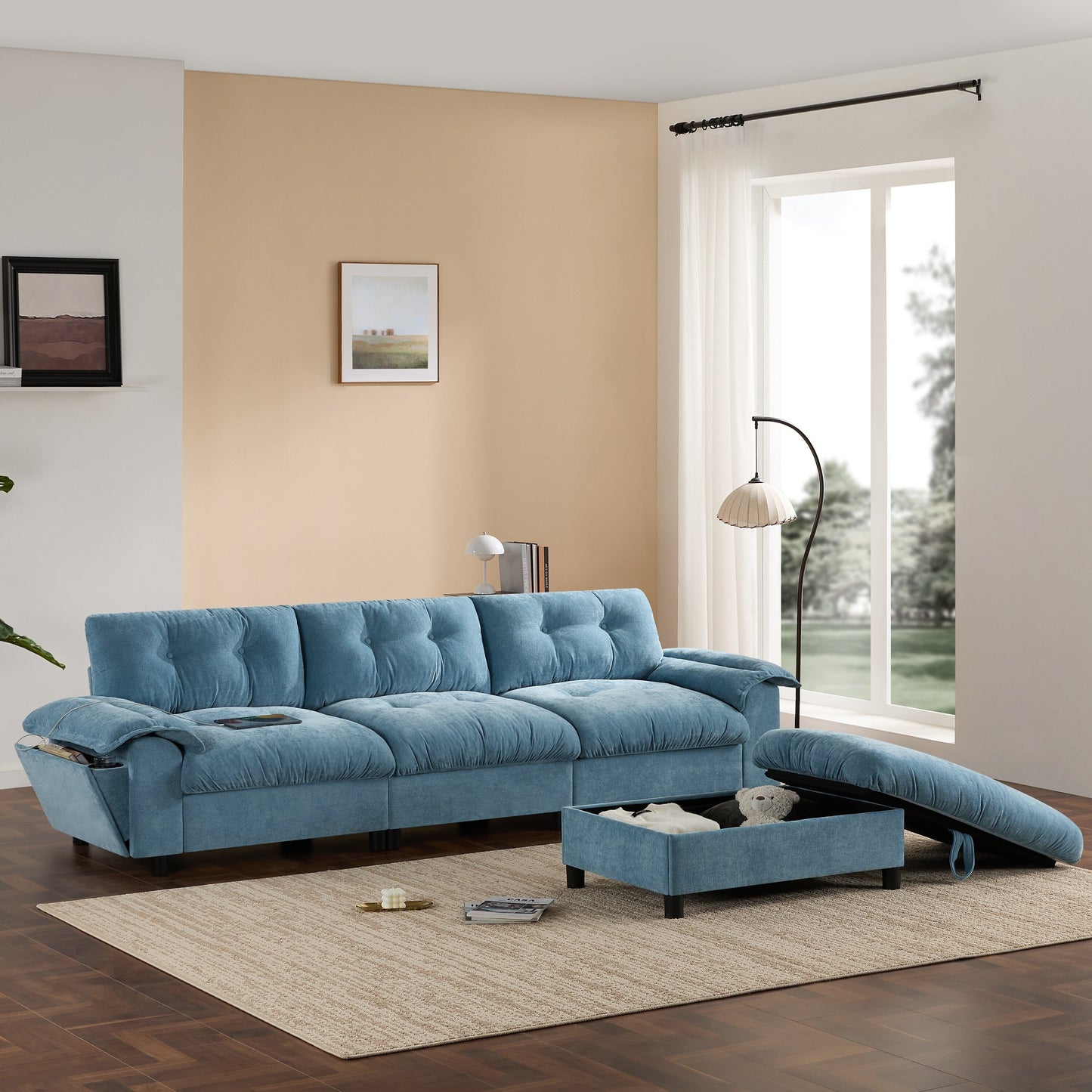 Canapé sectionnel en L avec accoudoirs multifonctionnels, chargeur double port, porte-gobelet, poches de rangement latérales, coussin moelleux