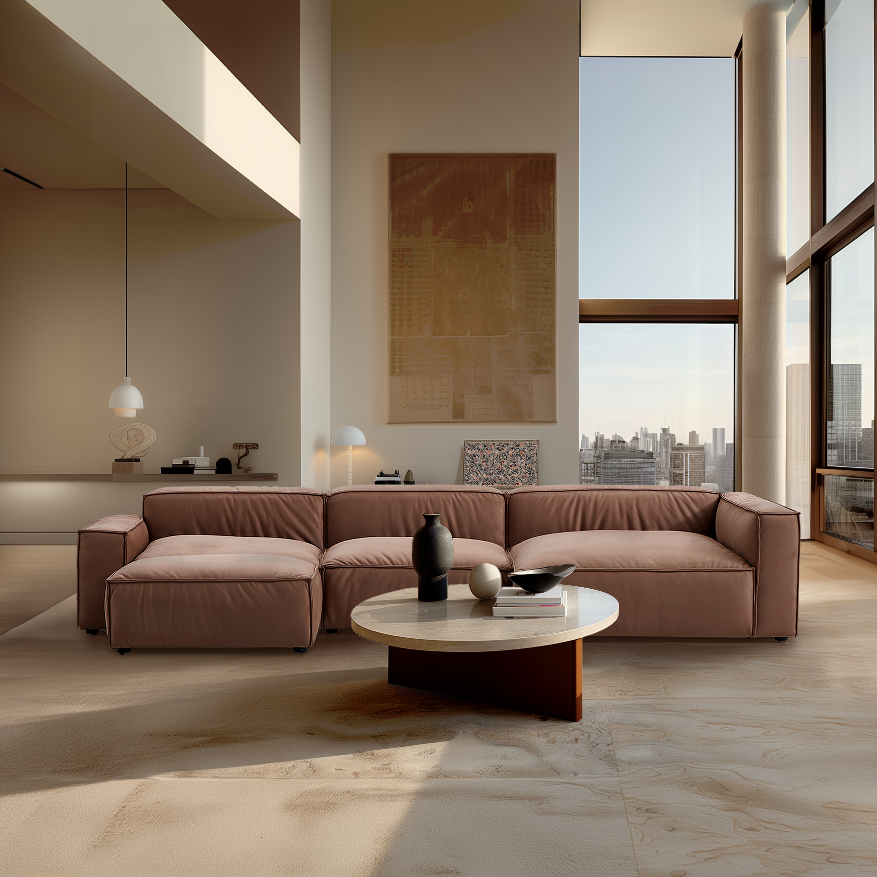 Canapé sectionnel et pouf de luxe minimaliste en tissu marron