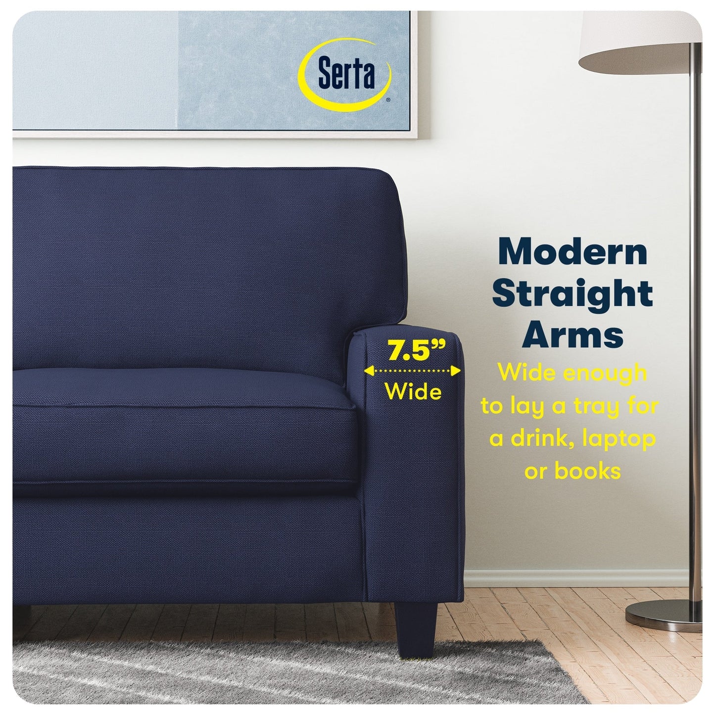Canapé Serta Palisades 73 à accoudoirs droits, polyester facile d'entretien, dossier moelleux et coussins d'assise à ressorts ensachés