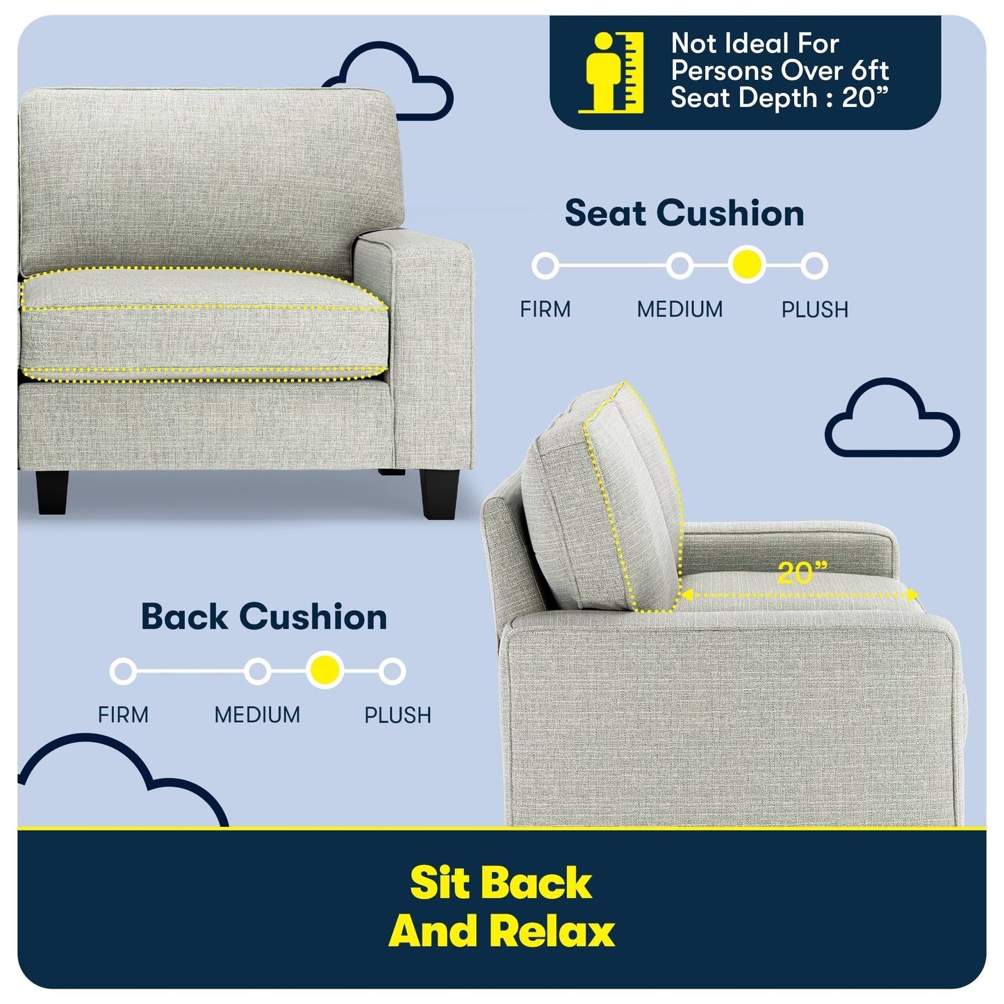 Canapé Serta Palisades 73 à accoudoirs droits, polyester facile d'entretien, dossier moelleux et coussins d'assise à ressorts ensachés