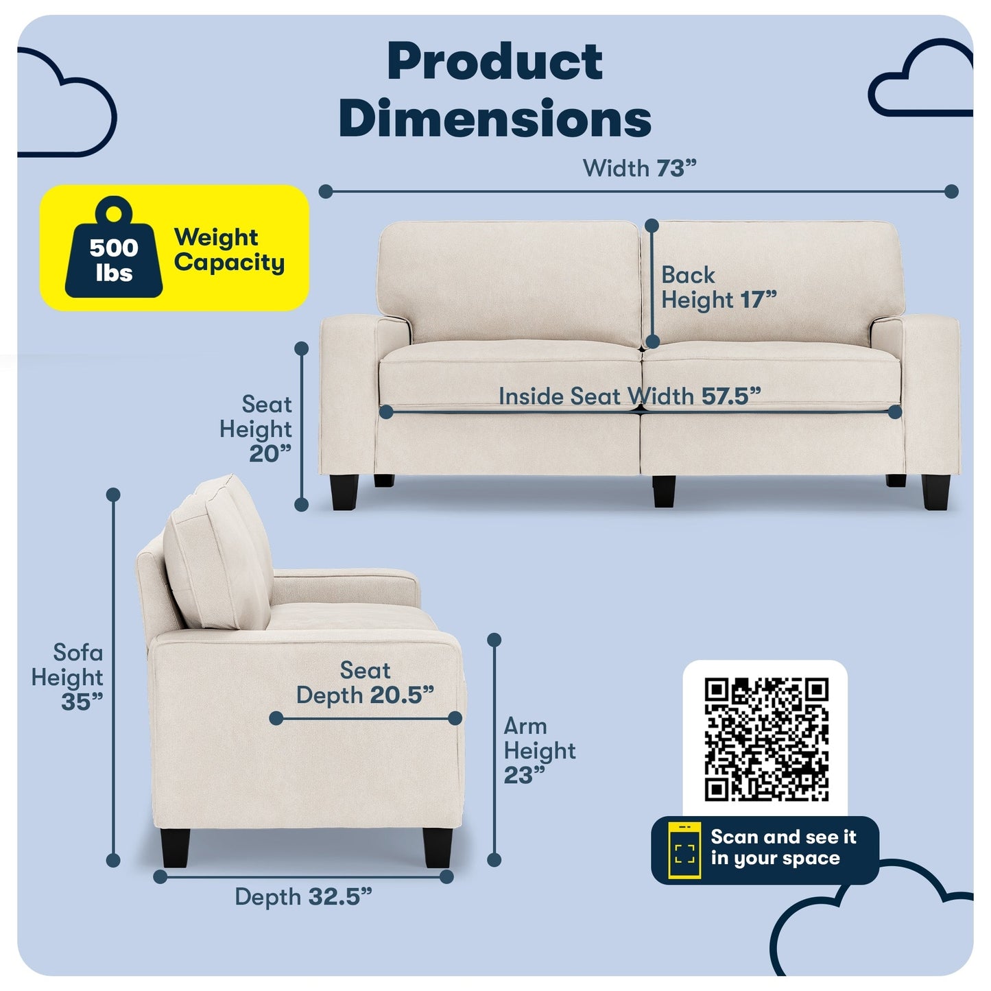 Canapé Serta Palisades 73 à accoudoirs droits, polyester facile d'entretien, dossier moelleux et coussins d'assise à ressorts ensachés