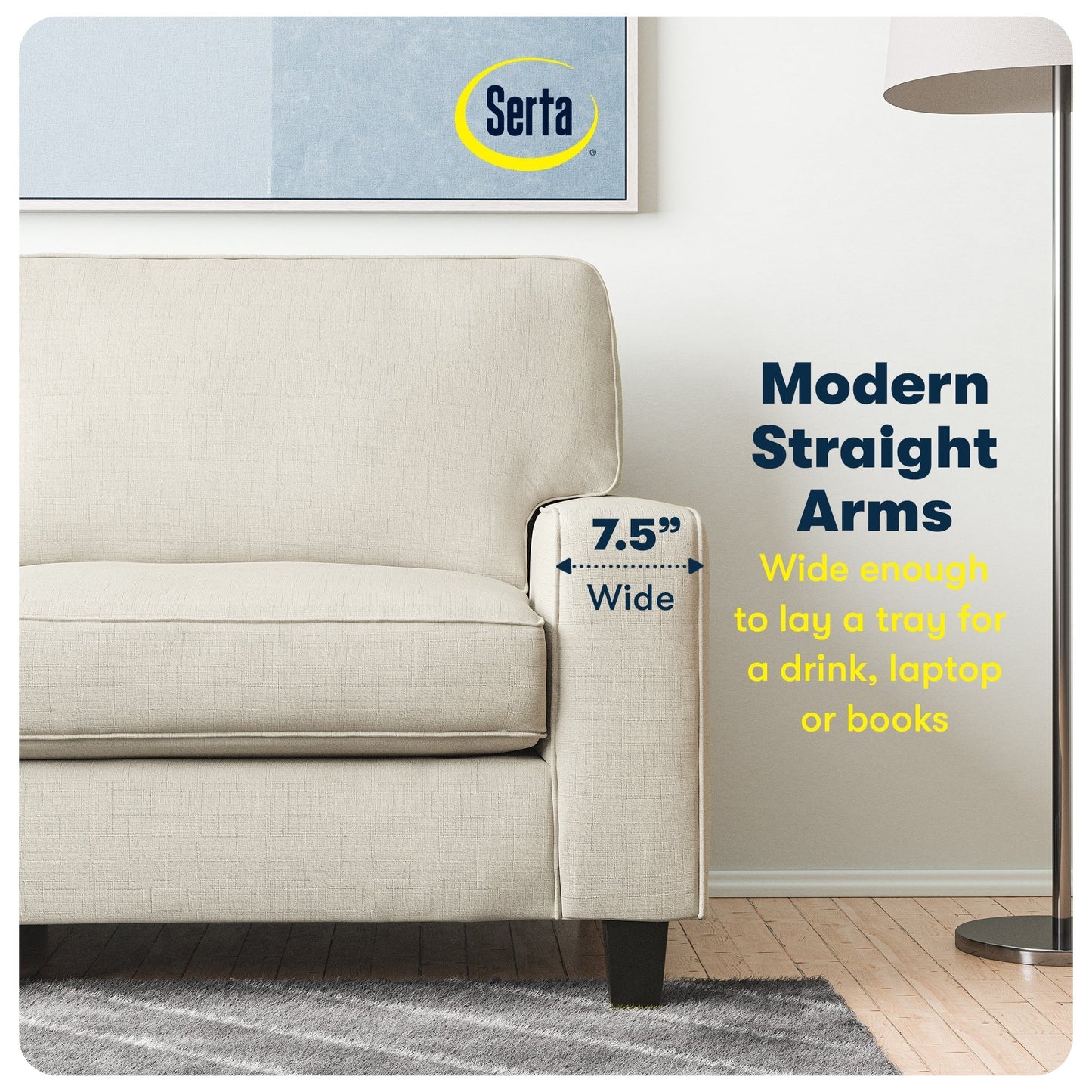 Canapé Serta Palisades 73 à accoudoirs droits, polyester facile d'entretien, dossier moelleux et coussins d'assise à ressorts ensachés