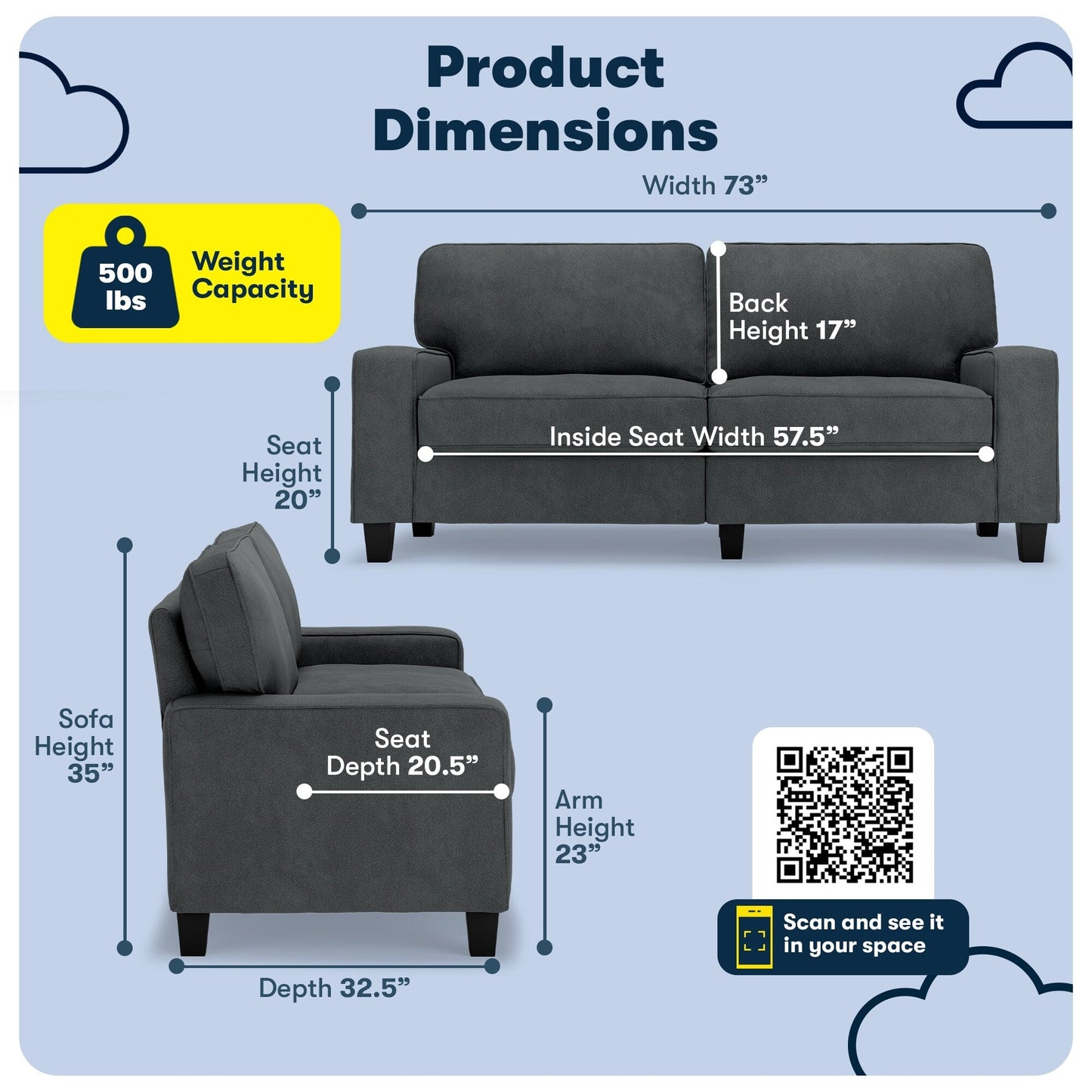 Canapé Serta Palisades 73 à accoudoirs droits, polyester facile d'entretien, dossier moelleux et coussins d'assise à ressorts ensachés