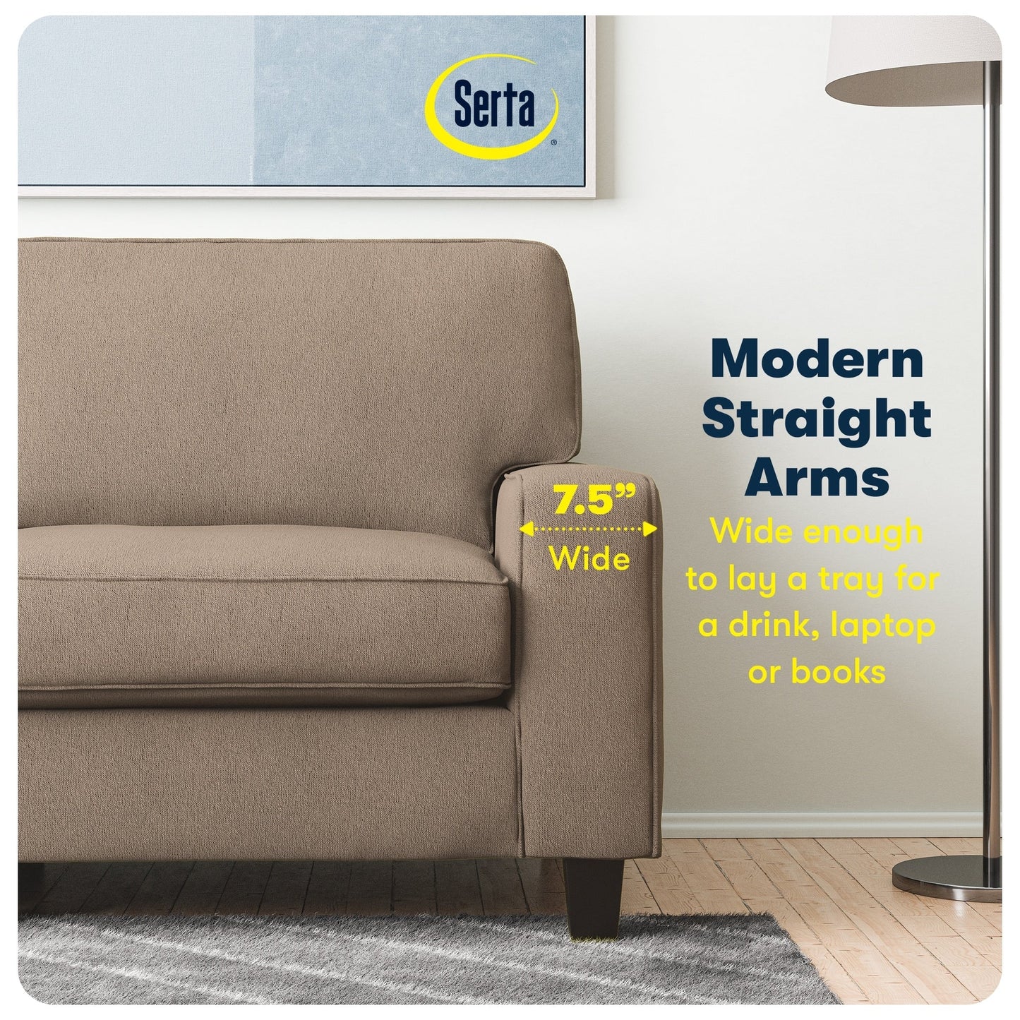 Canapé Serta Palisades 73 à accoudoirs droits, polyester facile d'entretien, dossier moelleux et coussins d'assise à ressorts ensachés