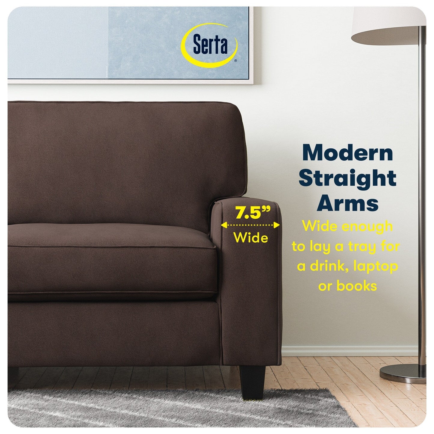 Canapé Serta Palisades 73 à accoudoirs droits, polyester facile d'entretien, dossier moelleux et coussins d'assise à ressorts ensachés