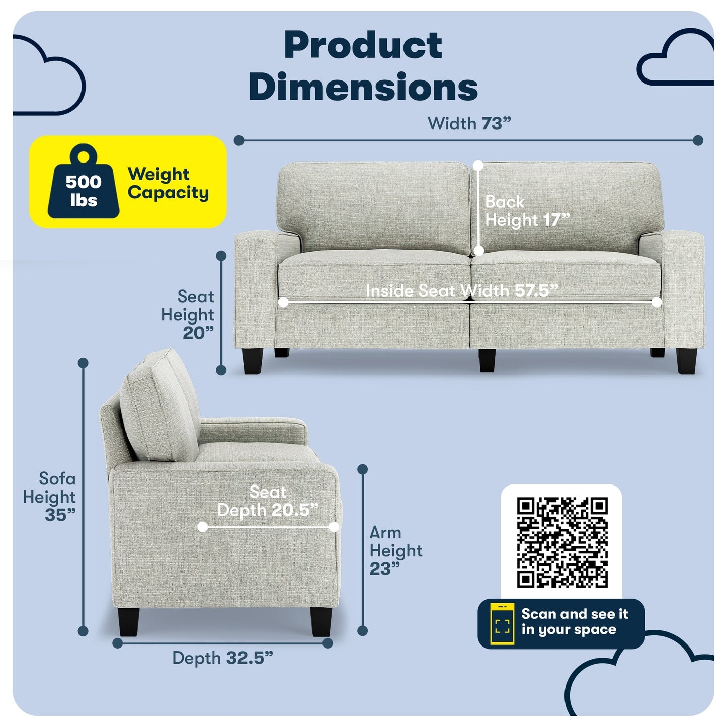 Canapé Serta Palisades 73 à accoudoirs droits, polyester facile d'entretien, dossier moelleux et coussins d'assise à ressorts ensachés