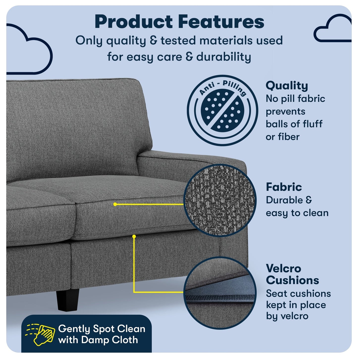 Canapé Serta Palisades 73 à accoudoirs droits, polyester facile d'entretien, dossier moelleux et coussins d'assise à ressorts ensachés