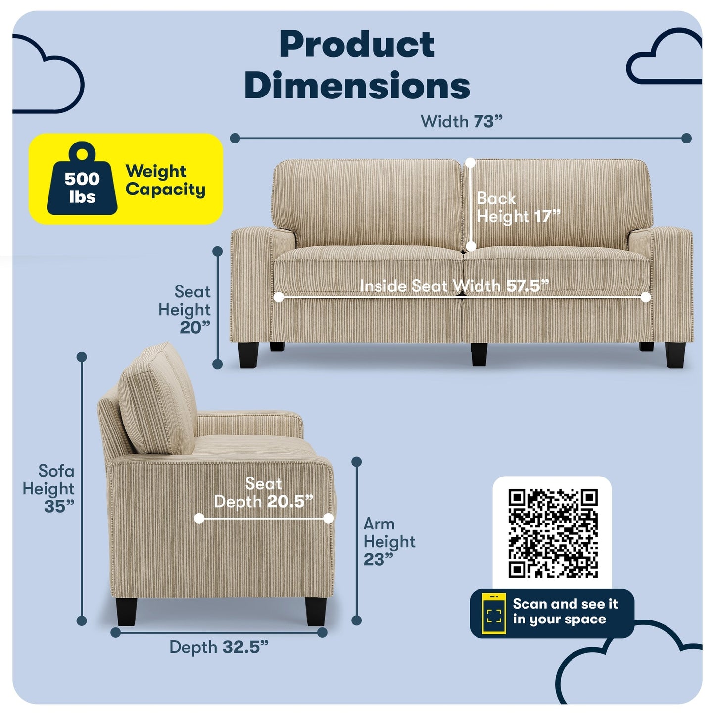Canapé Serta Palisades 73 à accoudoirs droits, polyester facile d'entretien, dossier moelleux et coussins d'assise à ressorts ensachés