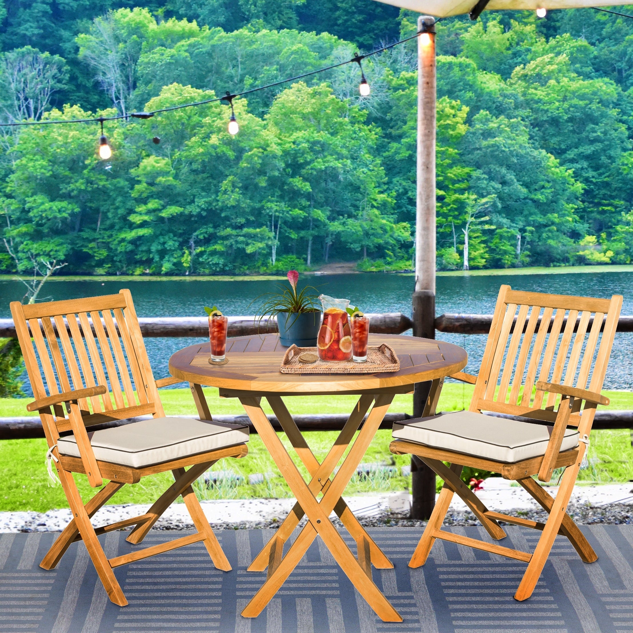 Ensemble de salle à manger bistro Seven Seas Teak 3 pièces en teck pour patio Long Beach, table ronde pliante de 36 po avec 2 fauteuils pliants