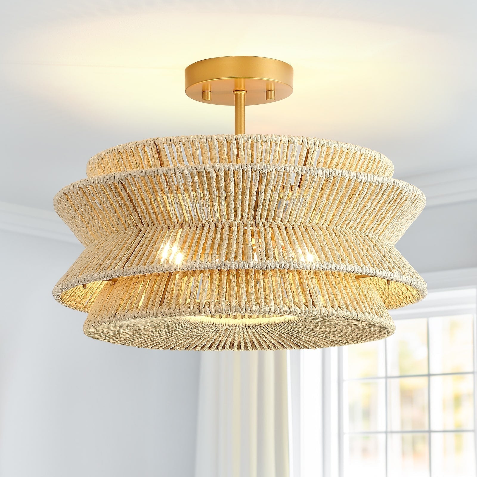 Plafonnier semi-encastré Silvia à 2 lumières en corde tressée de style bohème - 40,6 cm de largeur