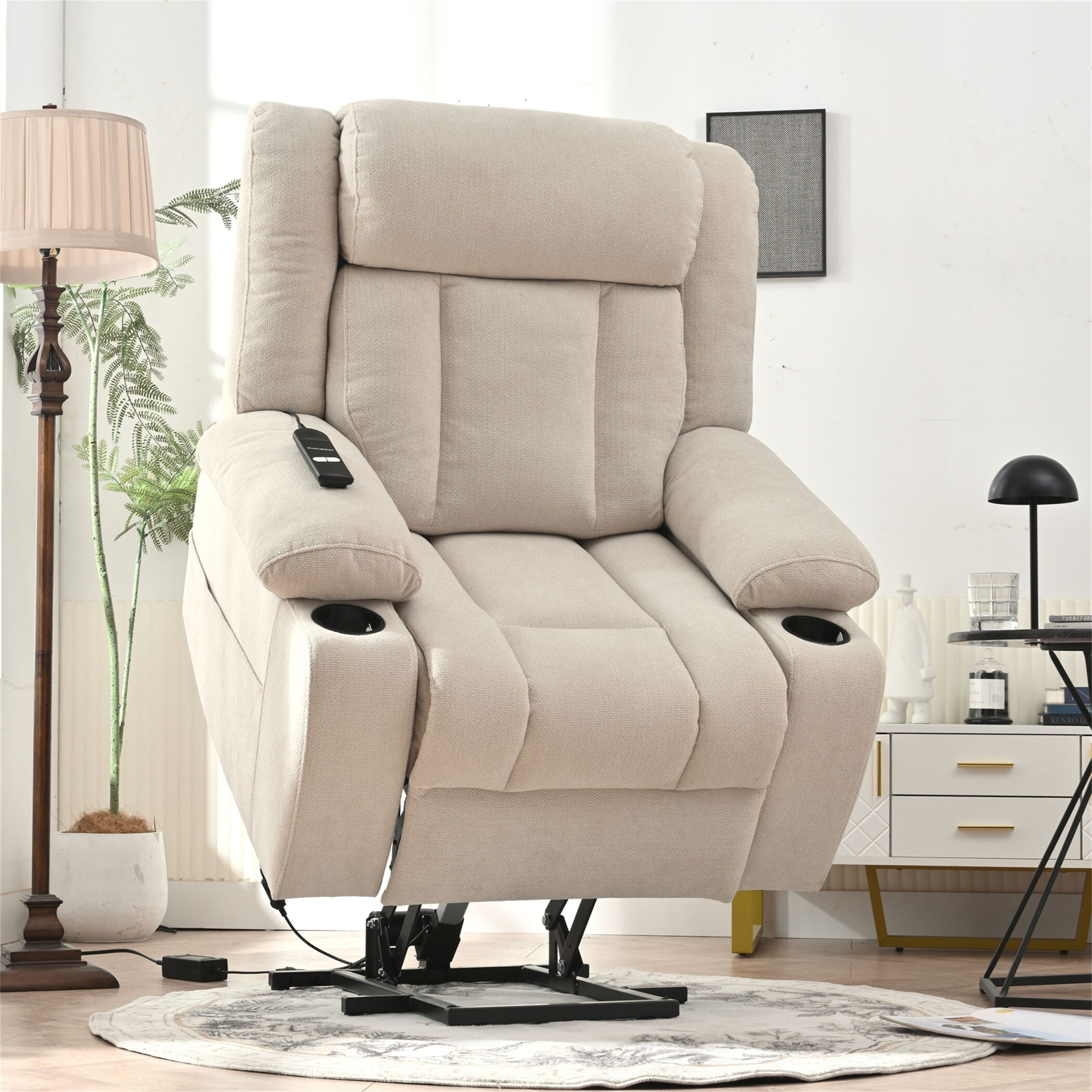 Fauteuil inclinable électrique en velours Snowflake avec repose-pieds allongé