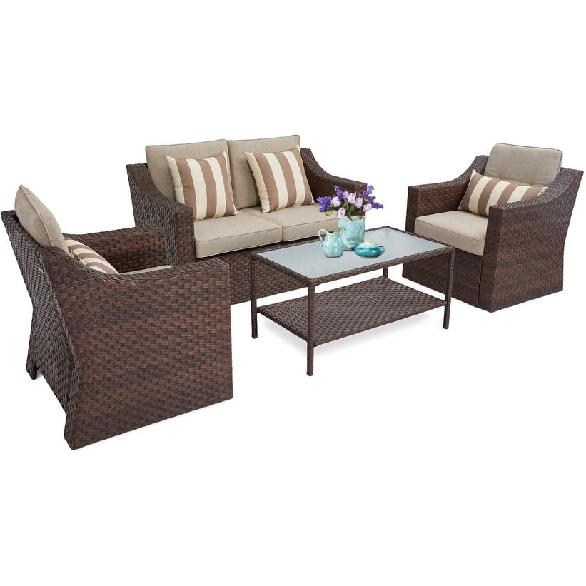Ensemble de 4 ou 5 chaises longues en osier pour patio extérieur avec table basse et coussins