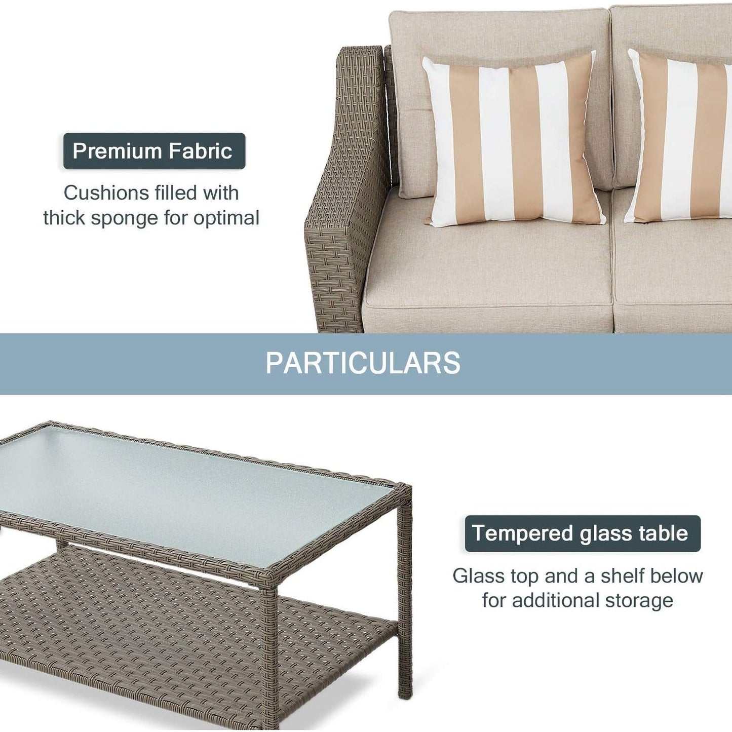 Ensemble de 4 ou 5 chaises longues en osier pour patio extérieur avec table basse et coussins