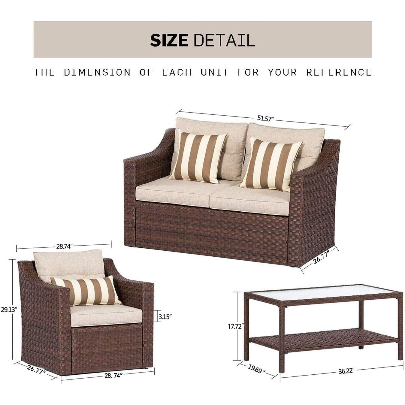 Ensemble de 4 ou 5 chaises longues en osier pour patio extérieur avec table basse et coussins