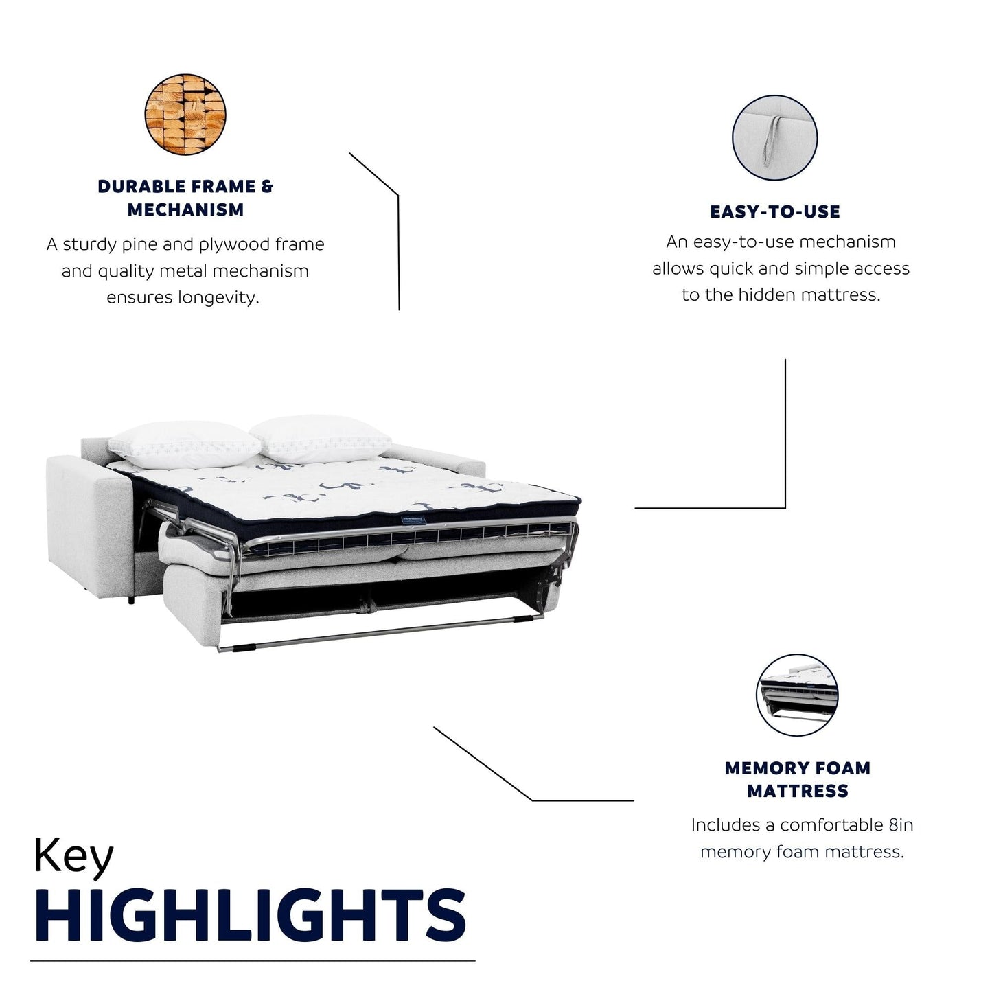 Canapé-lit double Stearns & Foster® Giotto de 78 po avec matelas en mousse à mémoire de forme