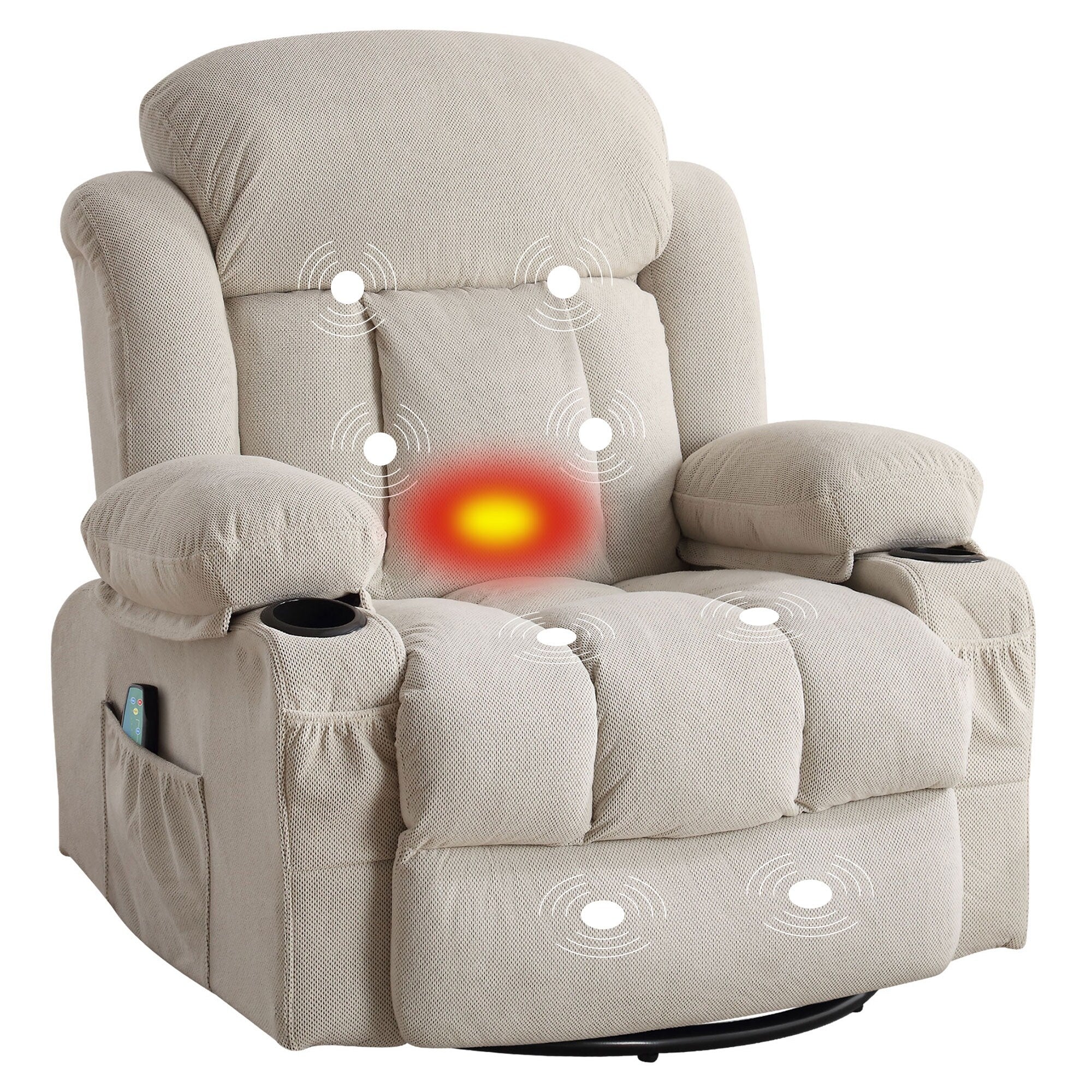 Fauteuil de massage chauffant pivotant, avec port USB et 2 porte-gobelets dans les poches latérales, accoudoirs en plastique