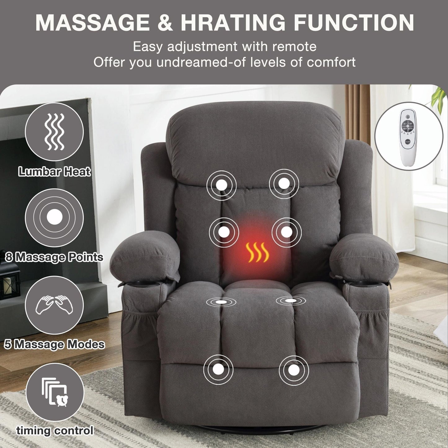 Fauteuil massant chauffant pivotant, avec port USB et 2 porte-gobelets dans les poches latérales