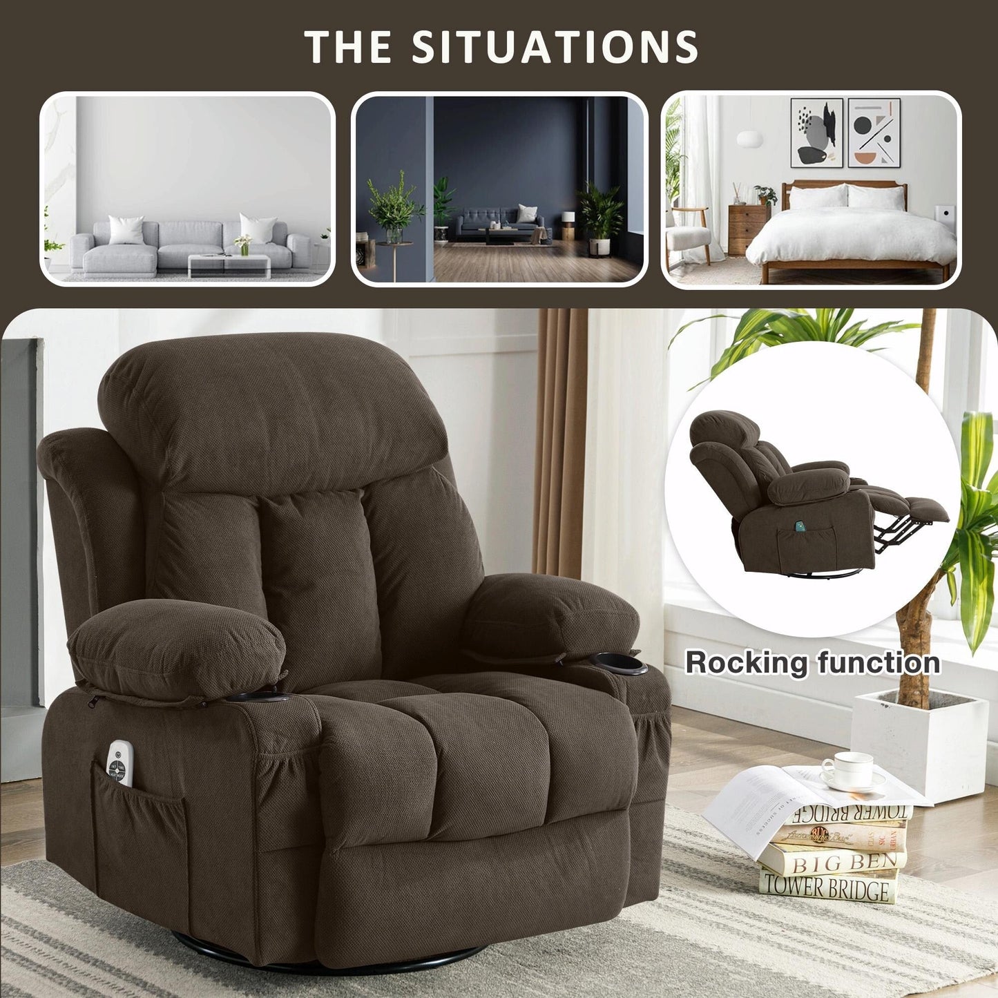 Fauteuil massant chauffant pivotant, avec port USB et 2 porte-gobelets dans les poches latérales