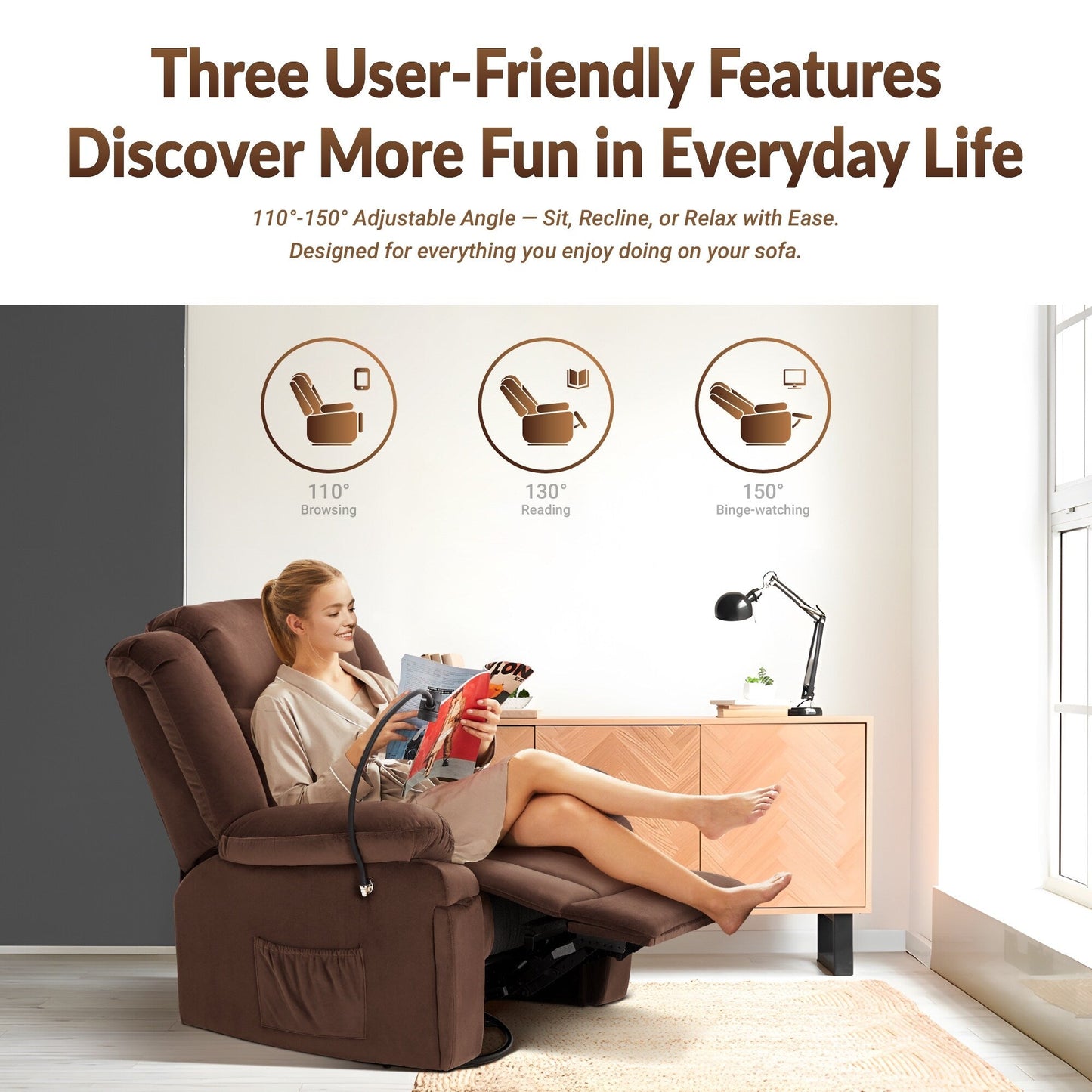 Fauteuil inclinable pivotant à bascule avec massage, chauffage et support pour téléphone – Idéal pour le salon, le bureau, la chambre