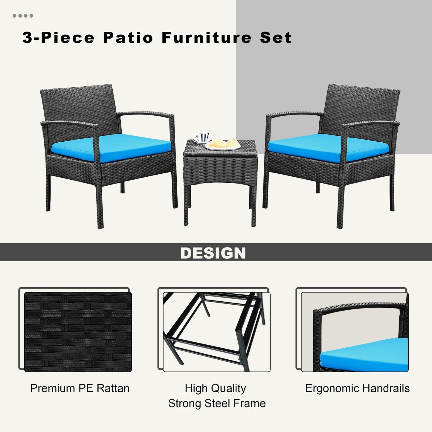 Ensemble de meubles de jardin 3 pièces, ensemble de chaises de conversation en rotin avec table d'appoint et coussins