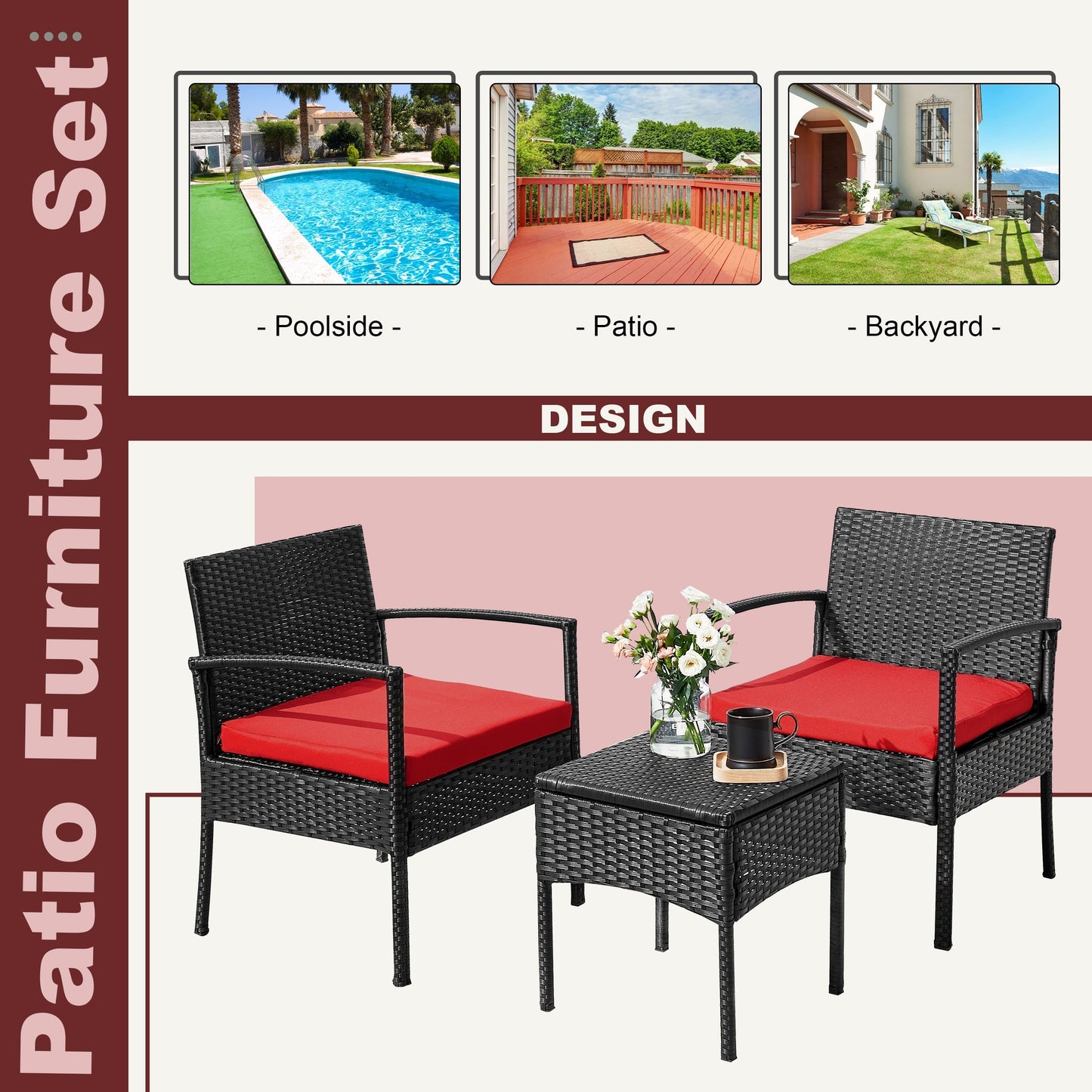 Ensemble de meubles de jardin 3 pièces, ensemble de chaises de conversation en rotin avec table d'appoint et coussins