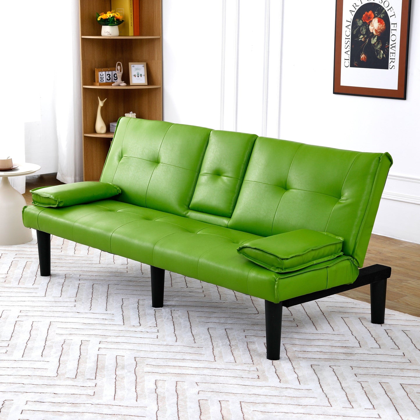 Le canapé-lit multifonctionnel en PVC noir de 67 pouces avec un design pliable et porte-gobelet
