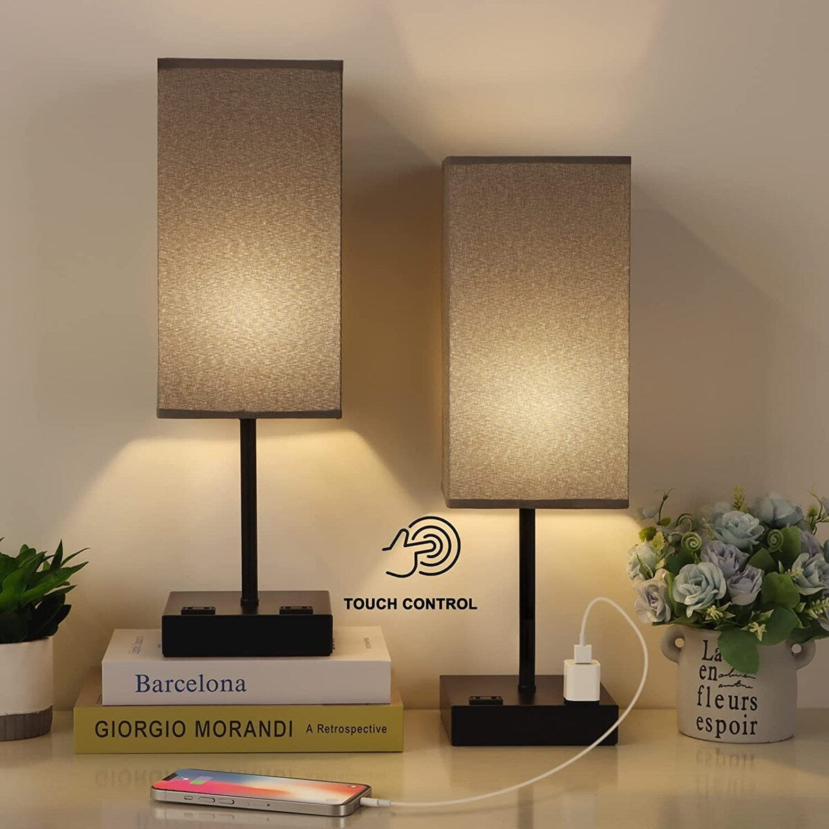 Lot de 2 lampes de table à commande tactile, lampe de chevet avec prise secteur
