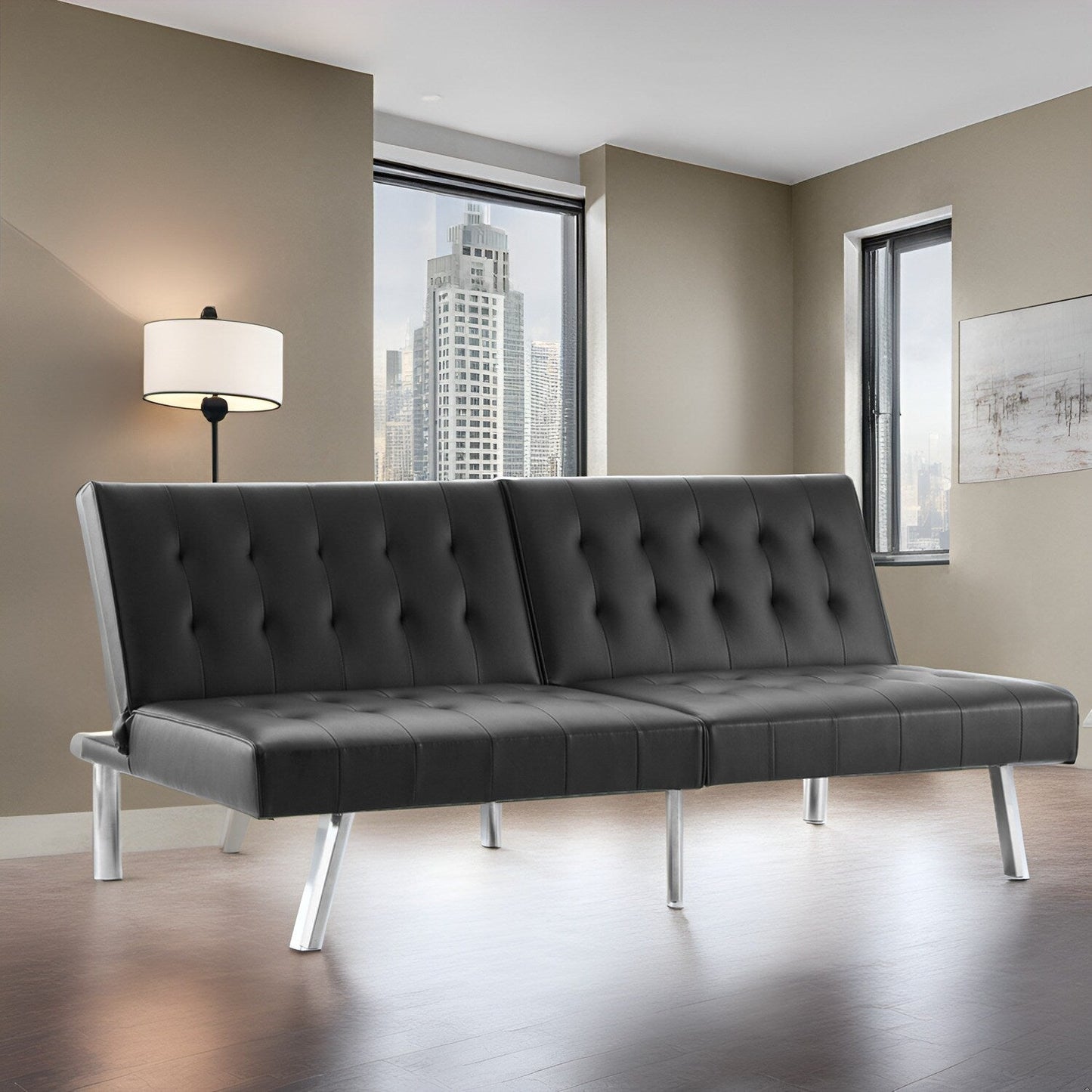 Canapé-lit futon capitonné moderne du milieu du siècle avec dossier divisé et pieds chromés
