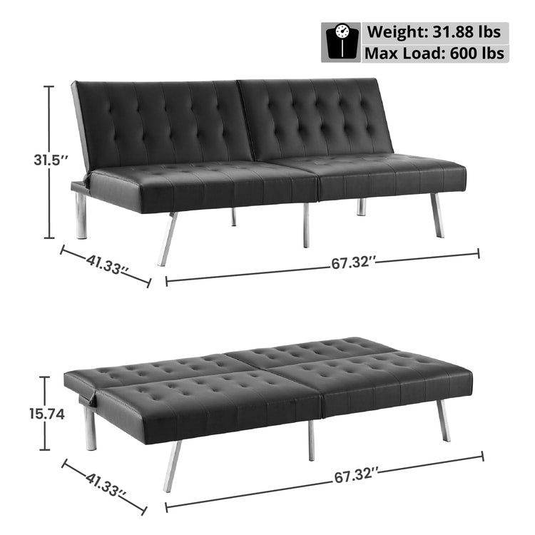 Canapé-lit futon capitonné moderne du milieu du siècle avec dossier divisé et pieds chromés