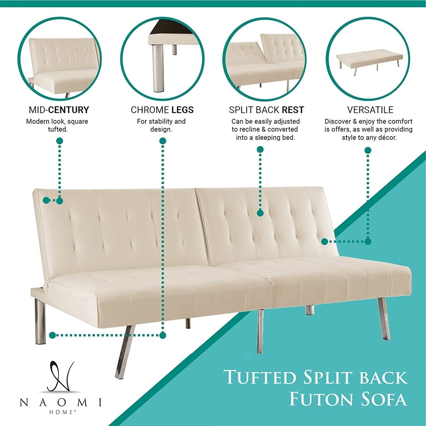 Canapé-lit futon capitonné moderne du milieu du siècle avec dossier divisé et pieds chromés