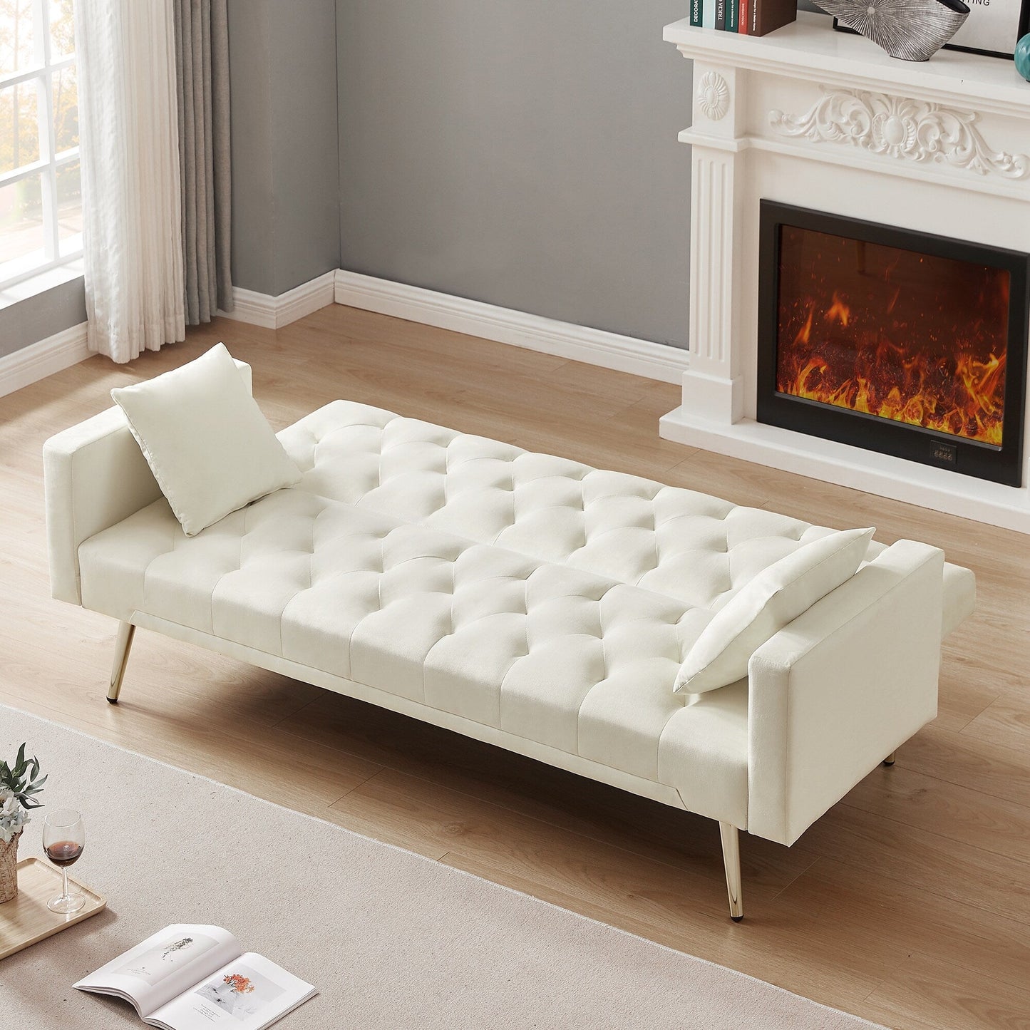 Canapé-lit convertible capitonné et pliable, couleur blanc crème