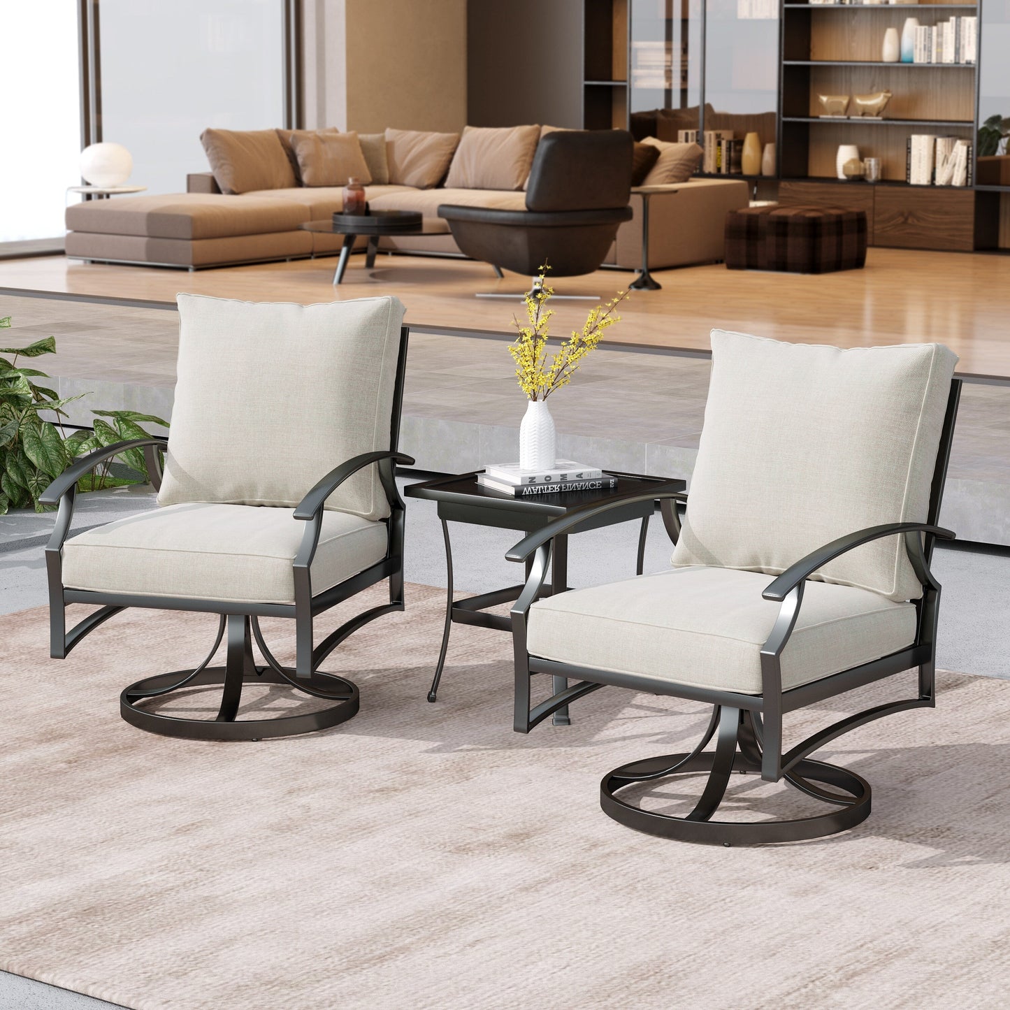Fauteuil à bascule pivotant d'extérieur Uixe 3 pièces avec coussin et table d'appoint