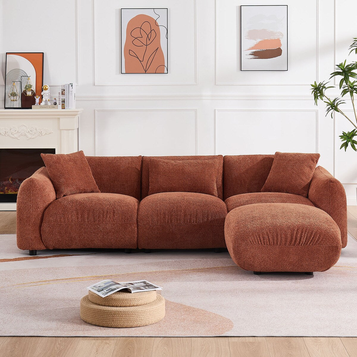 Canapé sectionnel blanc rembourré et confortable en duvet d'agneau doux avec pouf