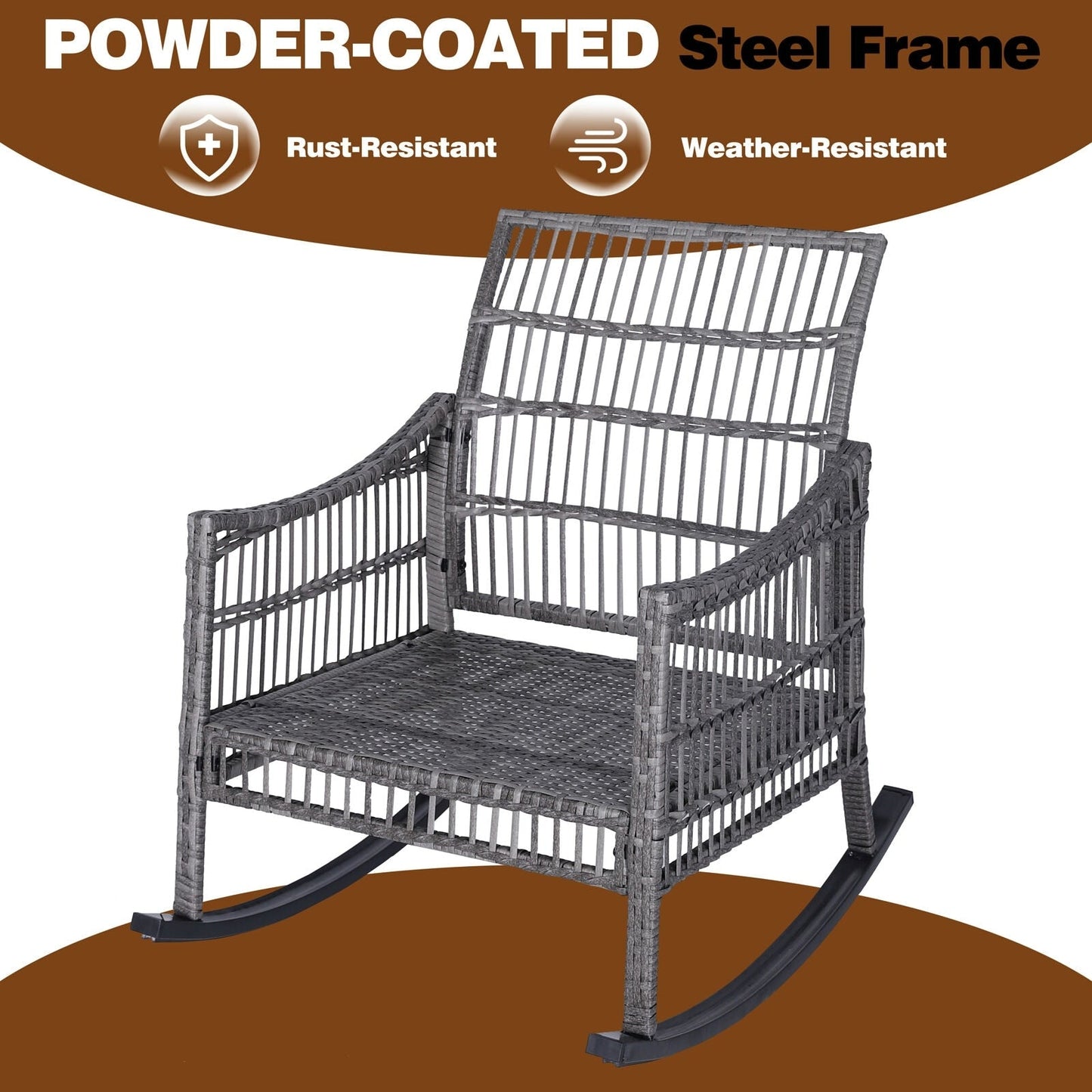Ensemble de 3 chaises à bascule et table basse en rotin pour patio extérieur VEIKOUS avec coussins et oreillers