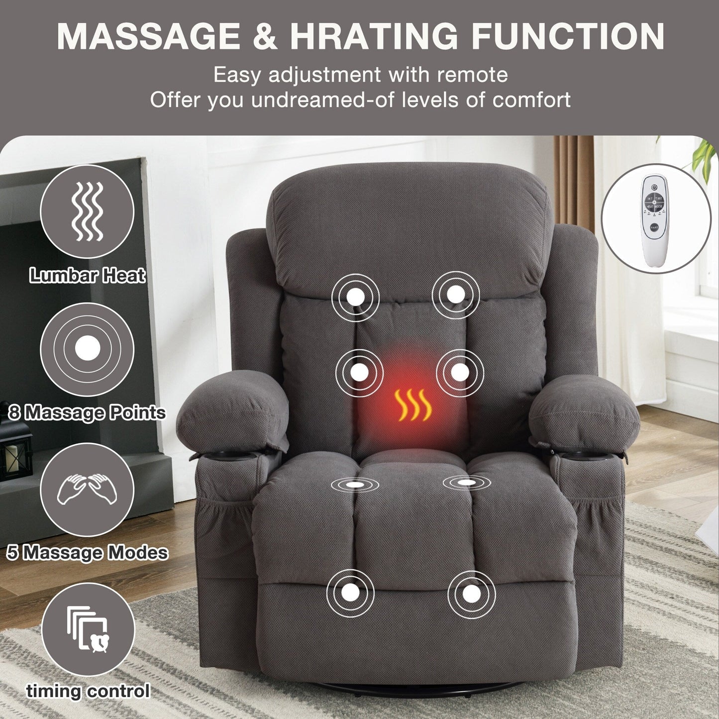 Fauteuil inclinable pivotant en velours avec massage et chauffage, rotation à 360°, port de chargement USB, deux porte-gobelets