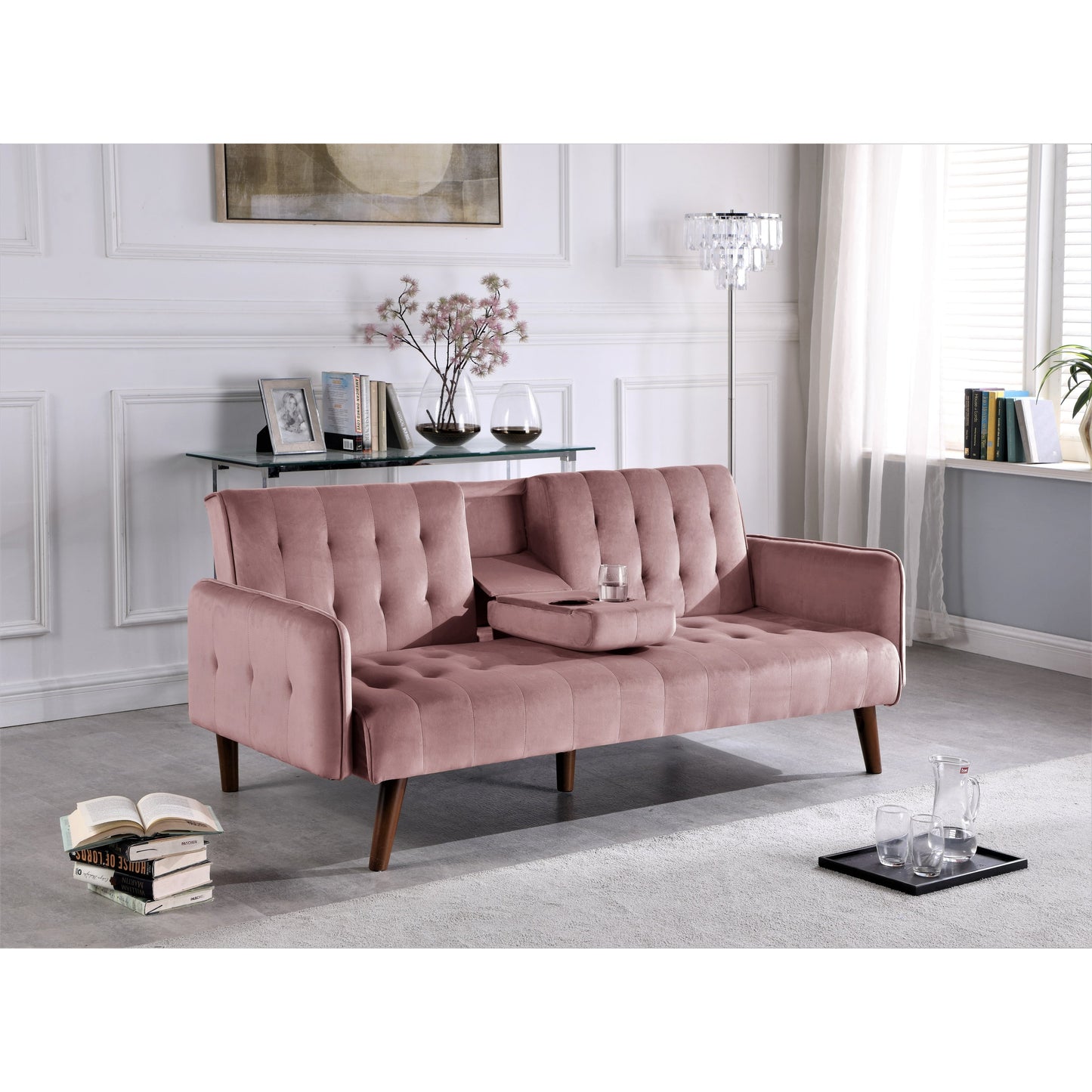 Canapé-lit futon convertible et pliable en velours avec 2 porte-gobelets pour un salon compact