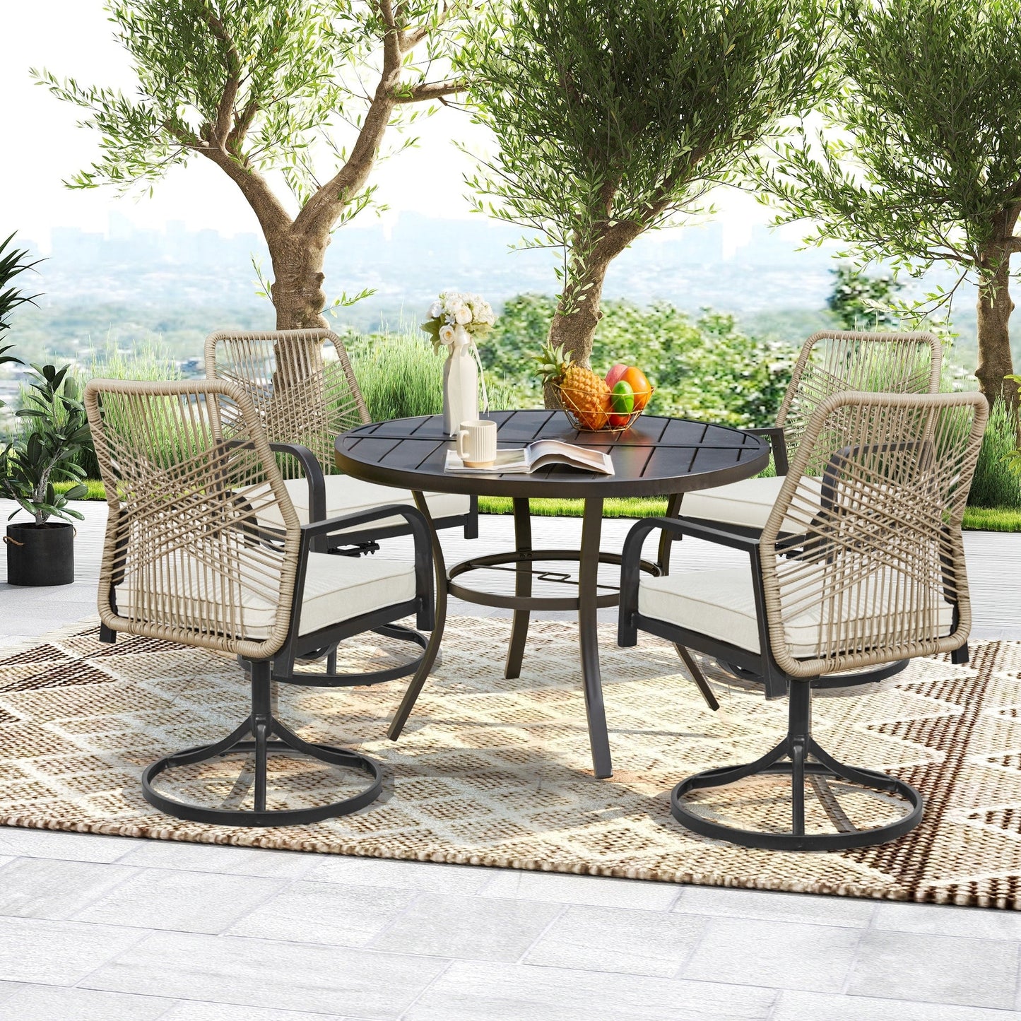 Ensembles de salle à manger d'extérieur polyvalents avec chaises pivotantes/pliantes, table à lattes en acier et table à manger en PEHD pour jardins et terrasses