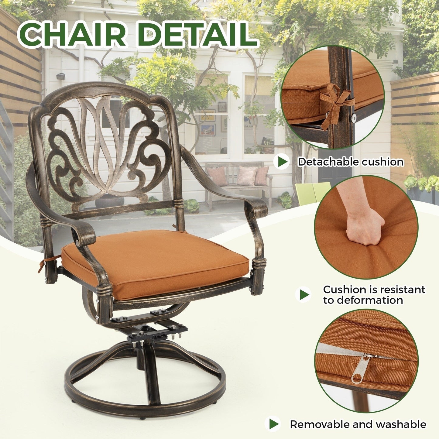 Ensembles de salle à manger d'extérieur polyvalents avec chaises pivotantes/pliantes, table à lattes en acier et table à manger en PEHD pour jardins et terrasses