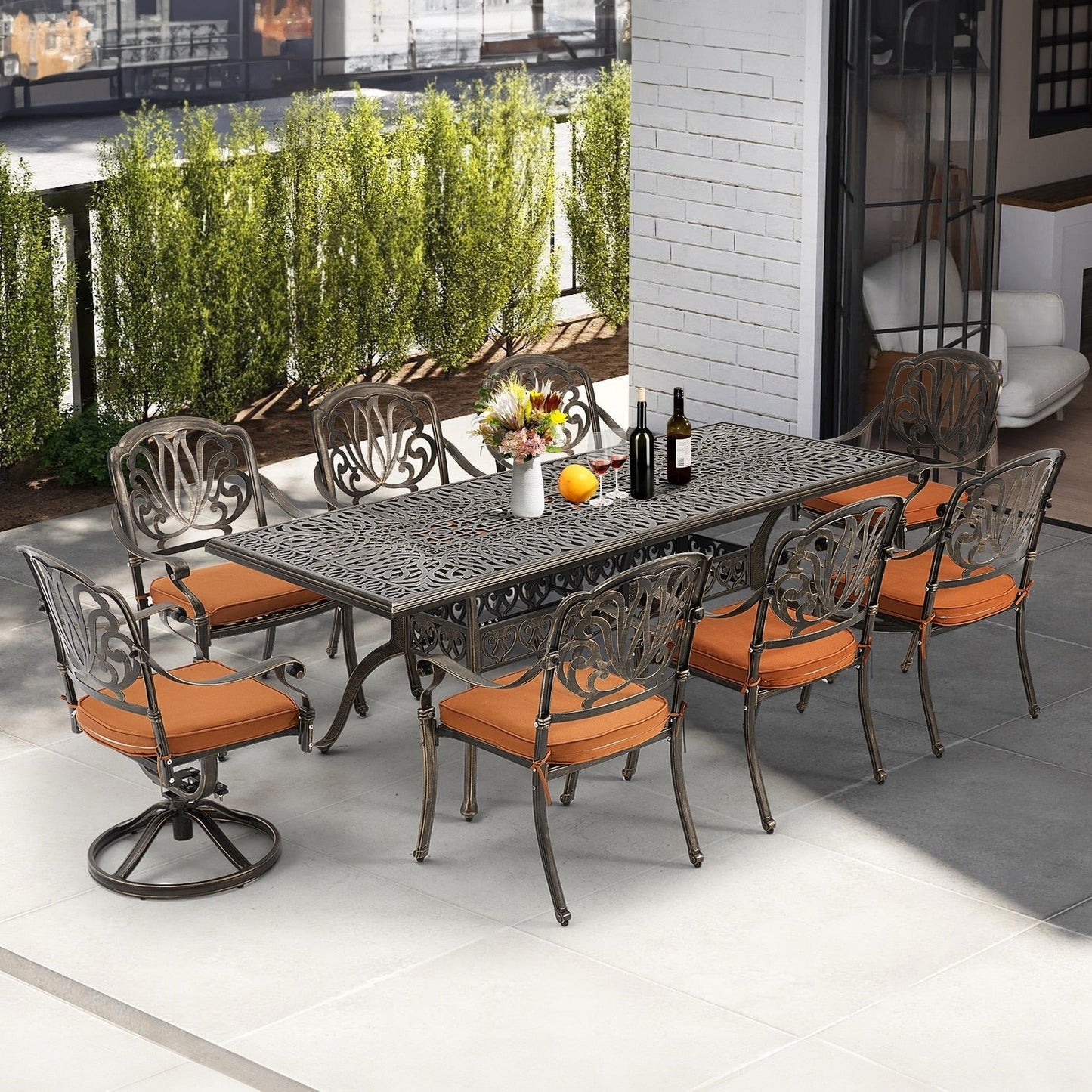 Ensembles de salle à manger d'extérieur polyvalents avec chaises pivotantes/pliantes, table à lattes en acier et table à manger en PEHD pour jardins et terrasses