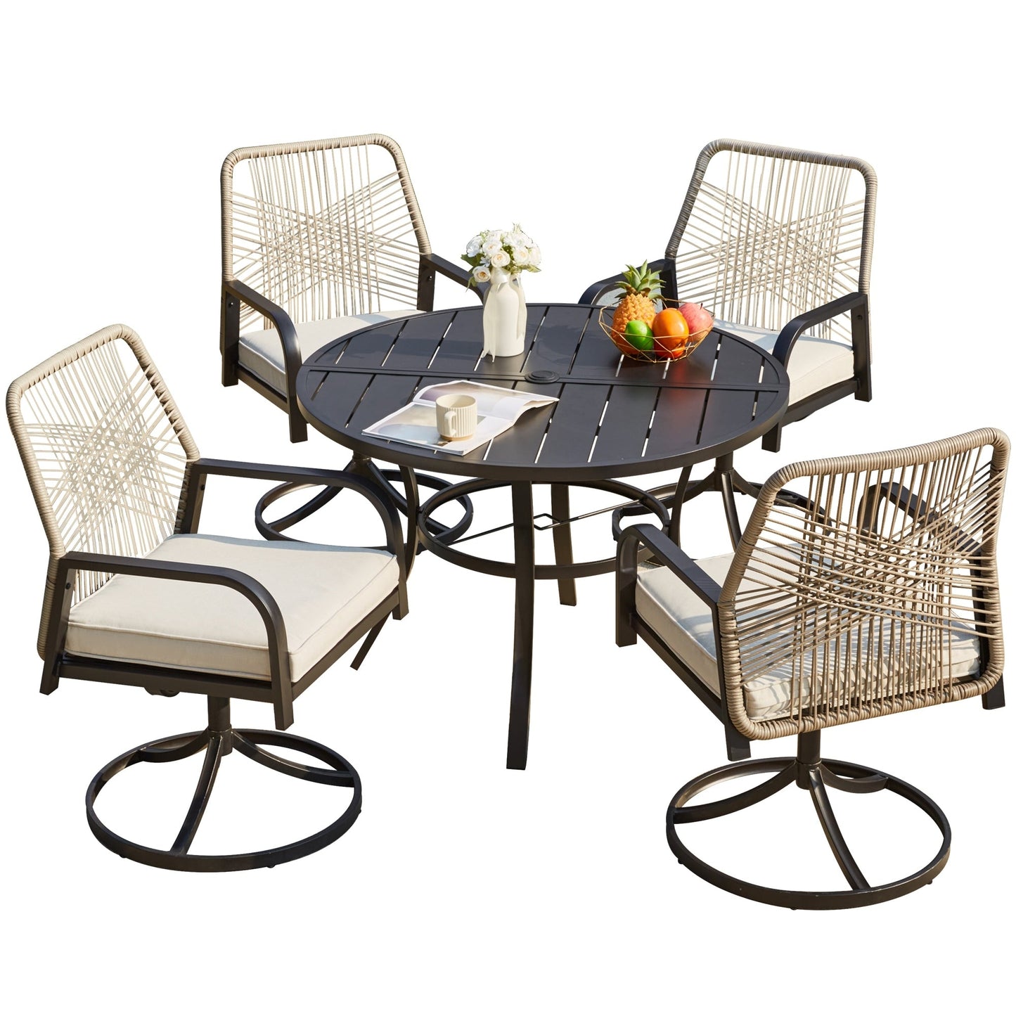 Ensembles de salle à manger d'extérieur polyvalents avec chaises pivotantes/pliantes, table à lattes en acier et table à manger en PEHD pour jardins et terrasses