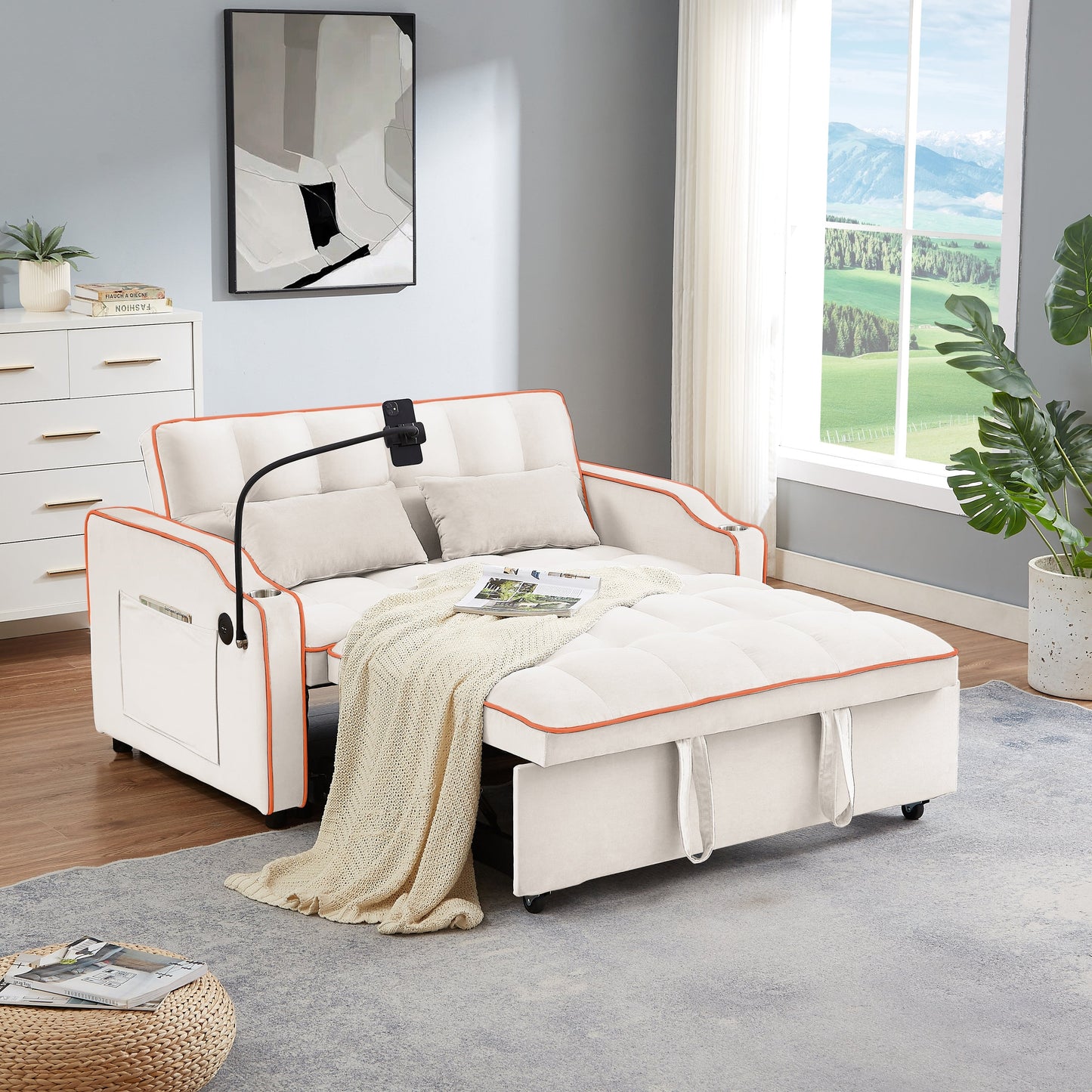 Canapé-lit pliable polyvalent en velours avec dossier réglable, port USB et support de téléphone