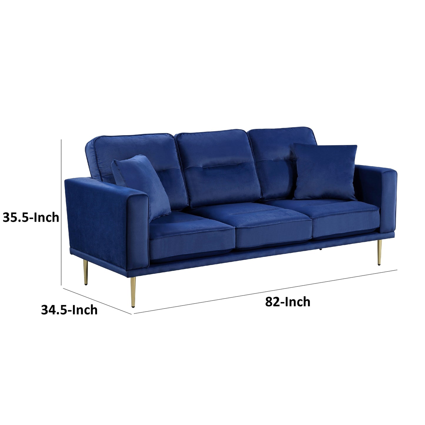 Canapé Voxo avec 2 coussins décoratifs, assise rembourrée en velours bleu, 82 pouces