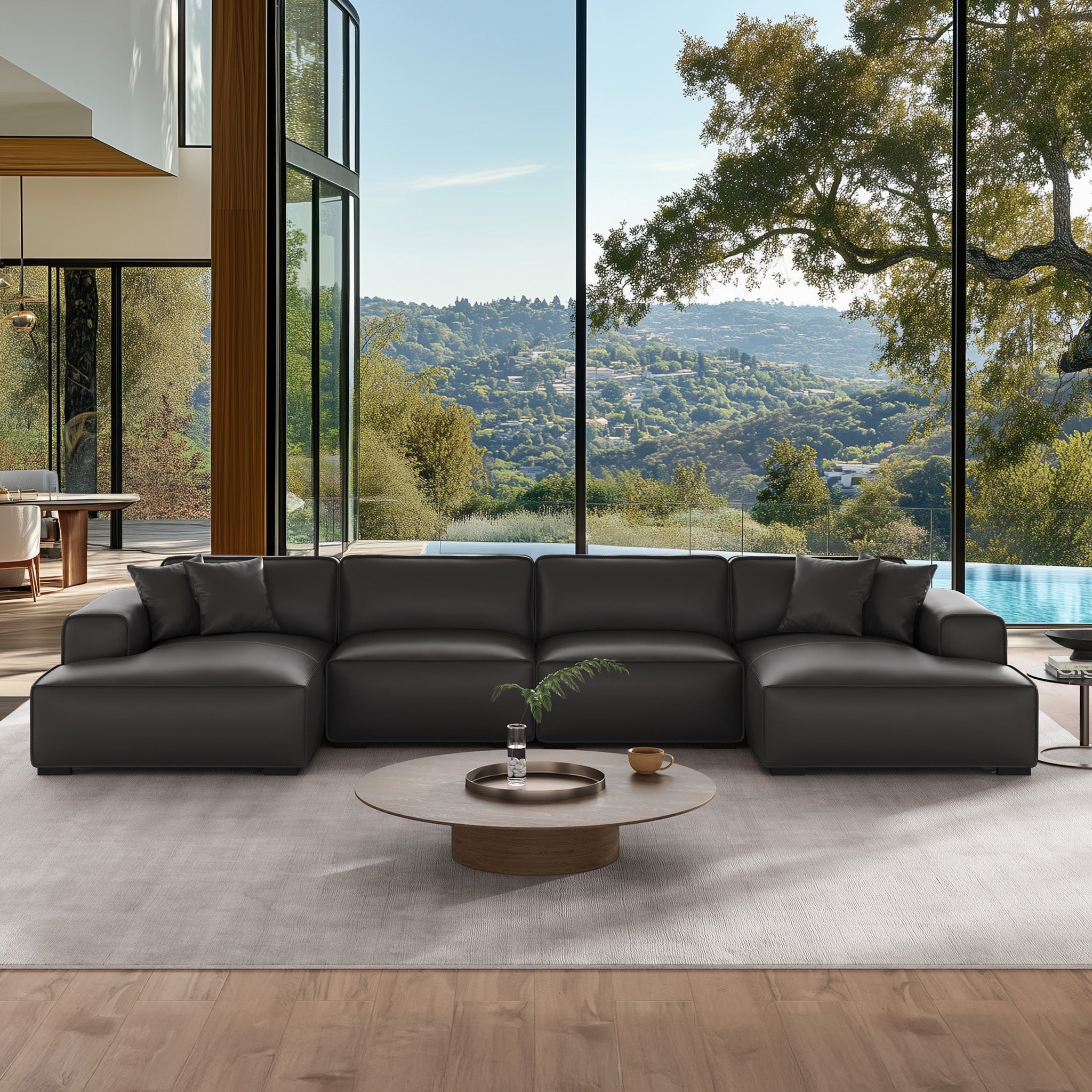 Domus Modular Black Leather Double Chaise Sectional
