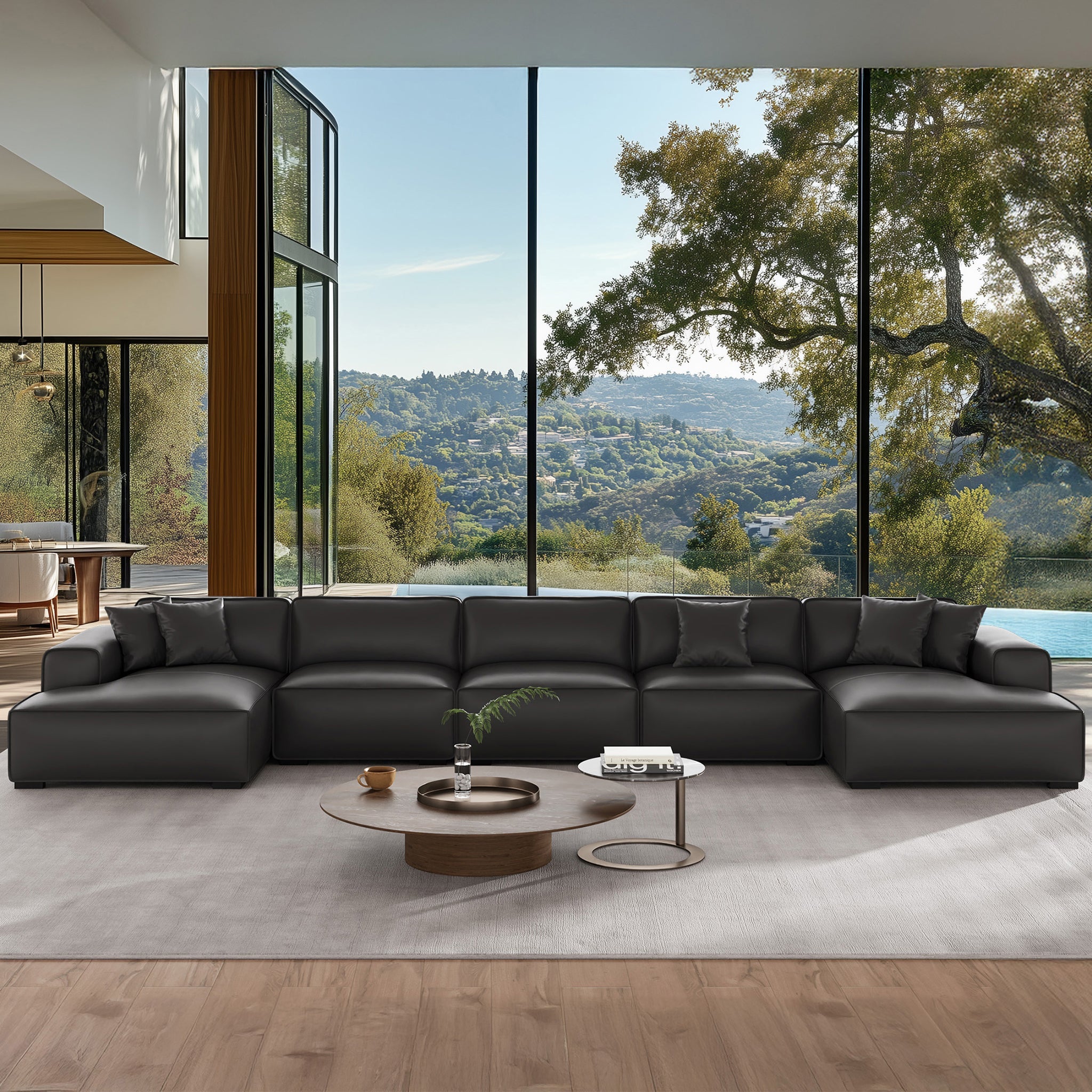 Domus Modular Black Leather Double Chaise Sectional