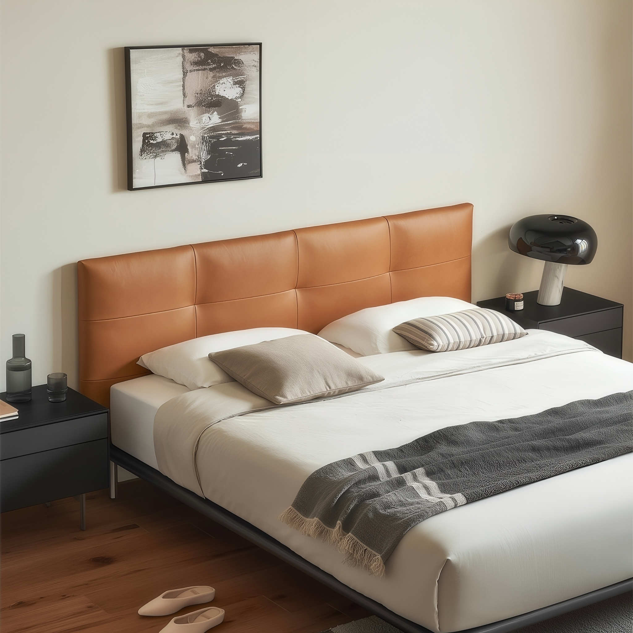 Lit en cuir couleur brique caramel