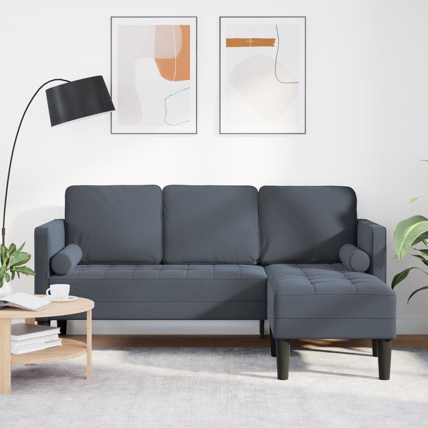 Canapé de jardin vidaXL en forme de L en velours noir/gris foncé/gris clair - 68,1 x 51,6 x 26,4