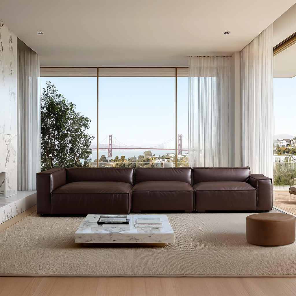 Canapé d'angle minimaliste de luxe en cuir marron foncé