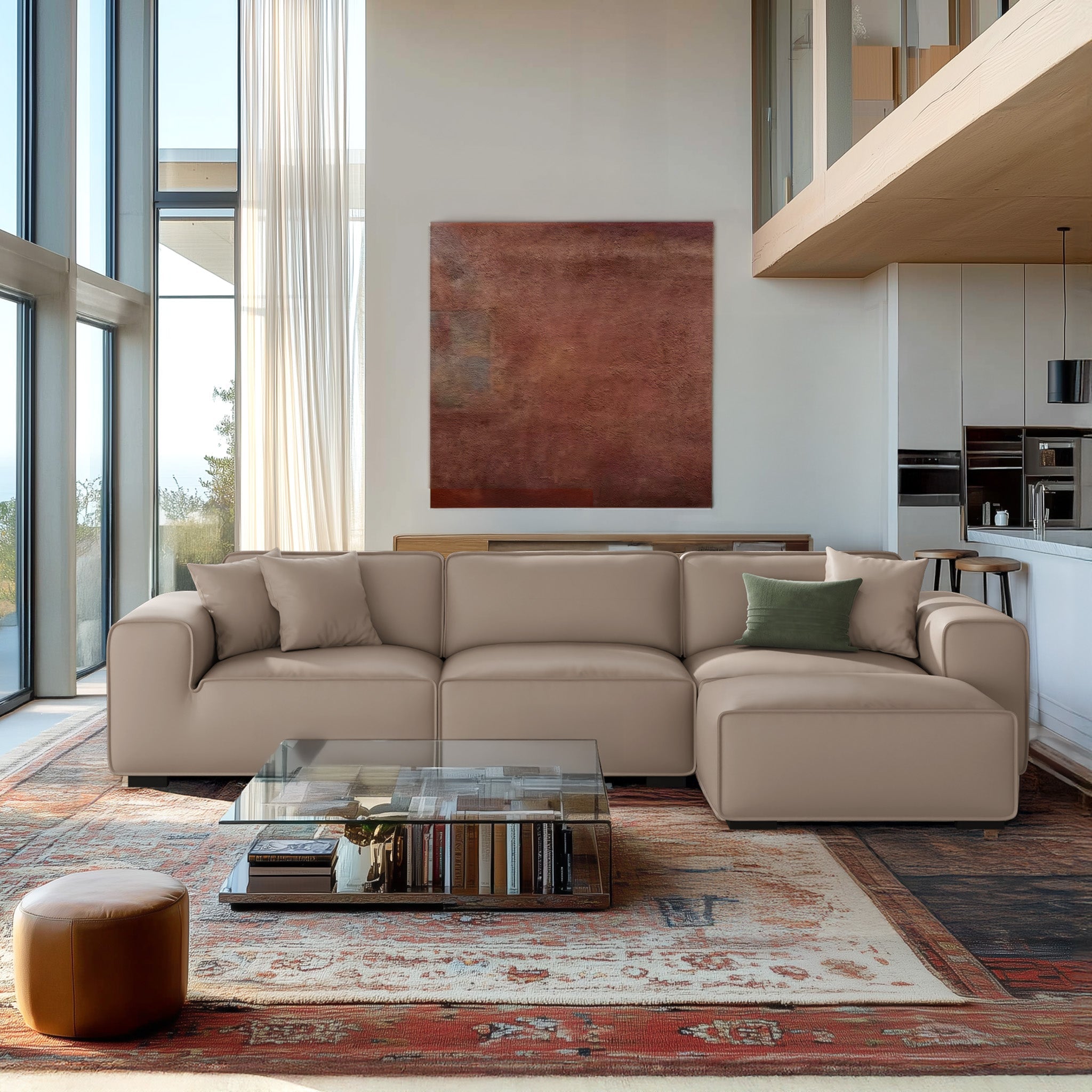 Domus Modular Khaki Leather Sofa and Ottoman
